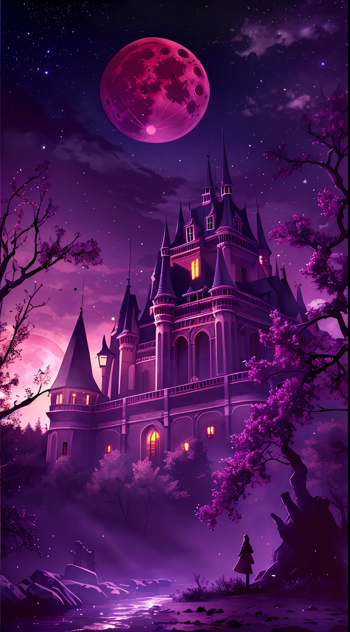 Dark castle on a moonlit night，mysterious darkness，A werewolf looming in the shadows，Huge red moon，uncanny，shadowy，soggy，grape trees，run-down，Clear and detailed image quality，Engaging shots，Soft lighting，detail-rich，Transparent starry sky，Unique architecture，Blinking lights，Active character actions。