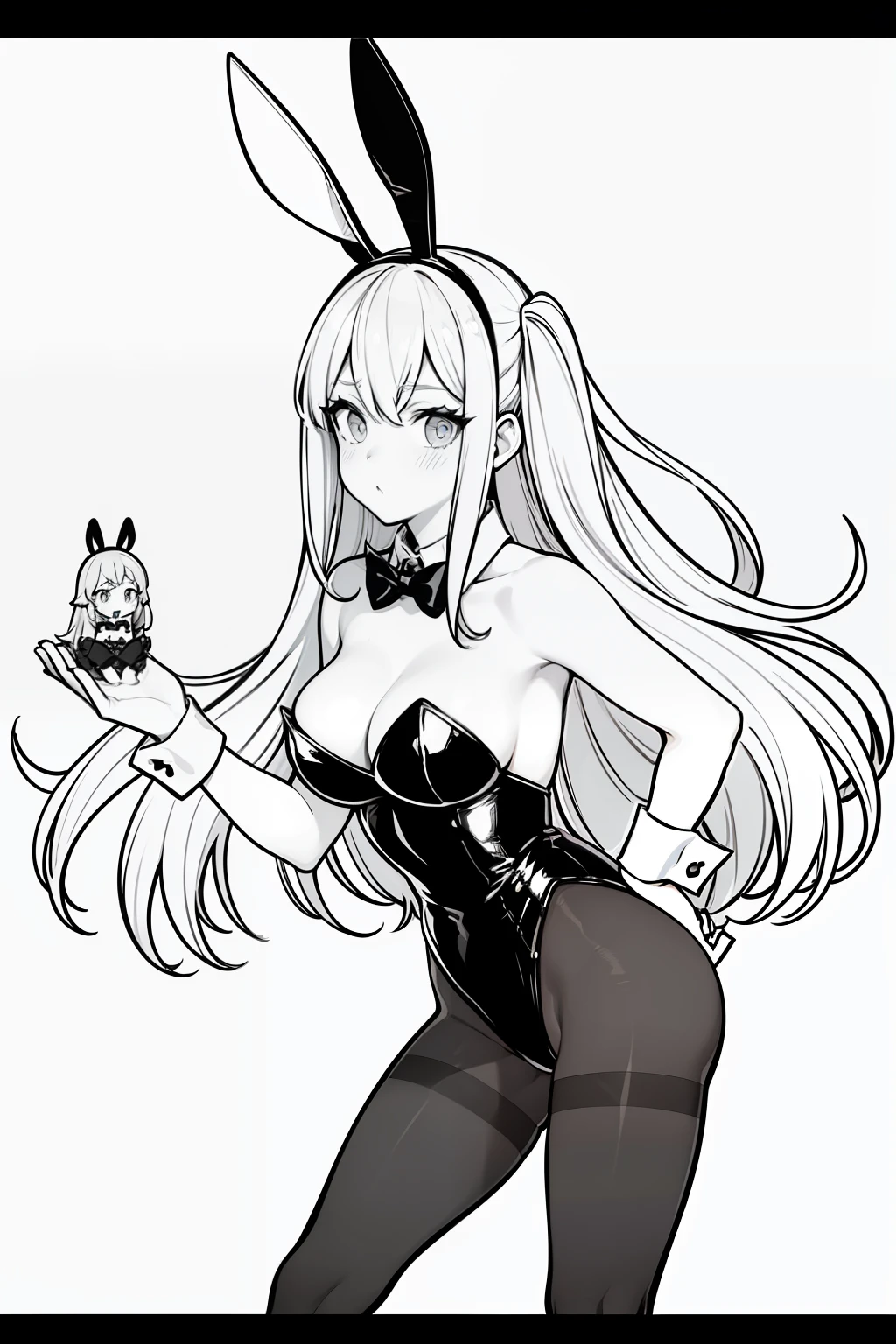 2girls, animal ears, black leotard, bow, breasts, fake animal ears, greyscale, high heels, large breasts, leotard, letterboxed, long hair, monochrome, pantyhose, phone screen, playboy bunny, rabbit ears, rabbit tail, strapless leotard, tail, transparent background, wrist cuffs，Line drawings，Mono Color