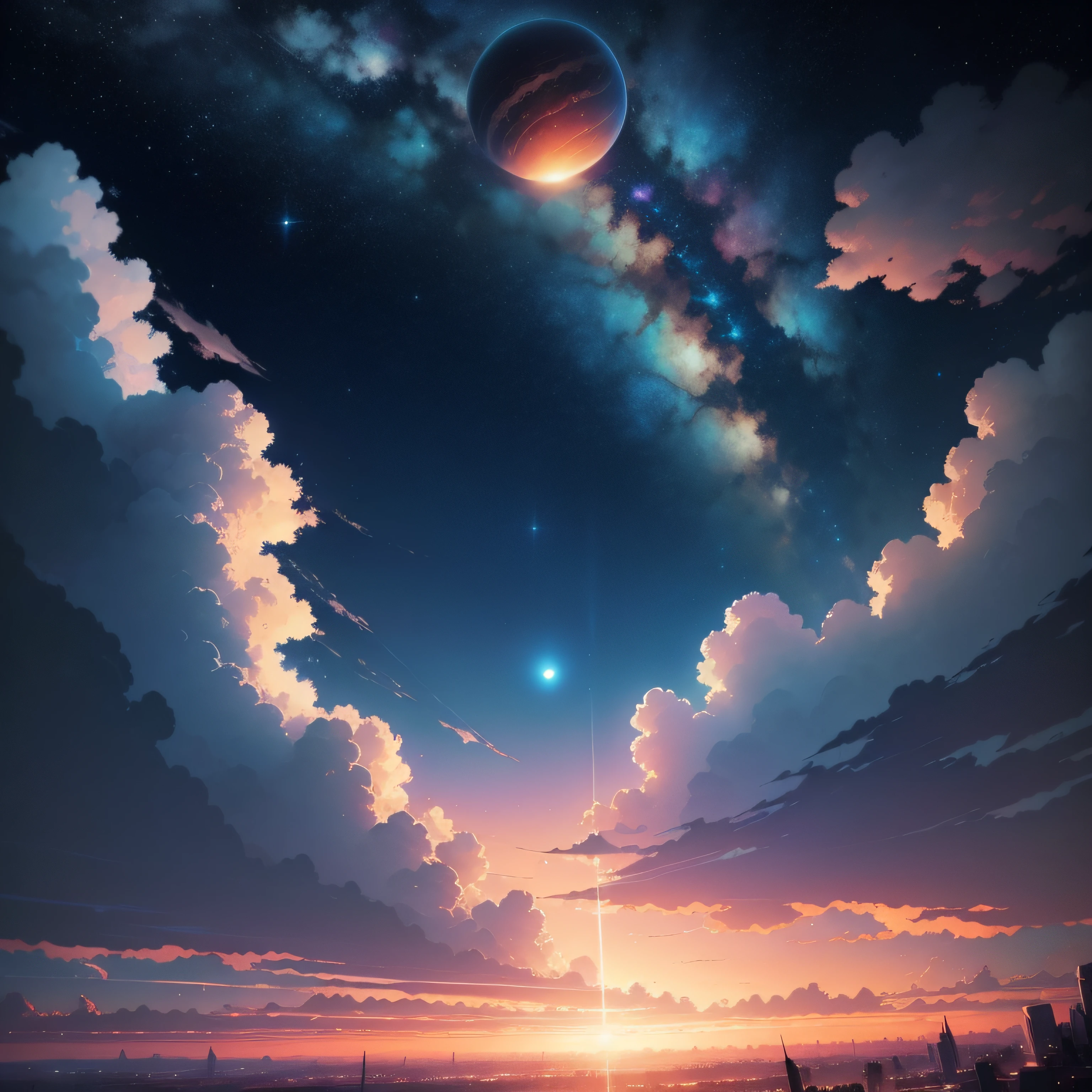 anime - style scene of a beautiful sky with a star and a planet, cosmic skies. by makoto shinkai, anime art wallpaper 4k, anime art wallpaper 4 k, anime art wallpaper 8 k, anime wallpaper 4k, anime wallpaper 4 k, 4k anime wallpaper, anime sky, amazing wallpaper, anime background, heaven planet in background, anime background art