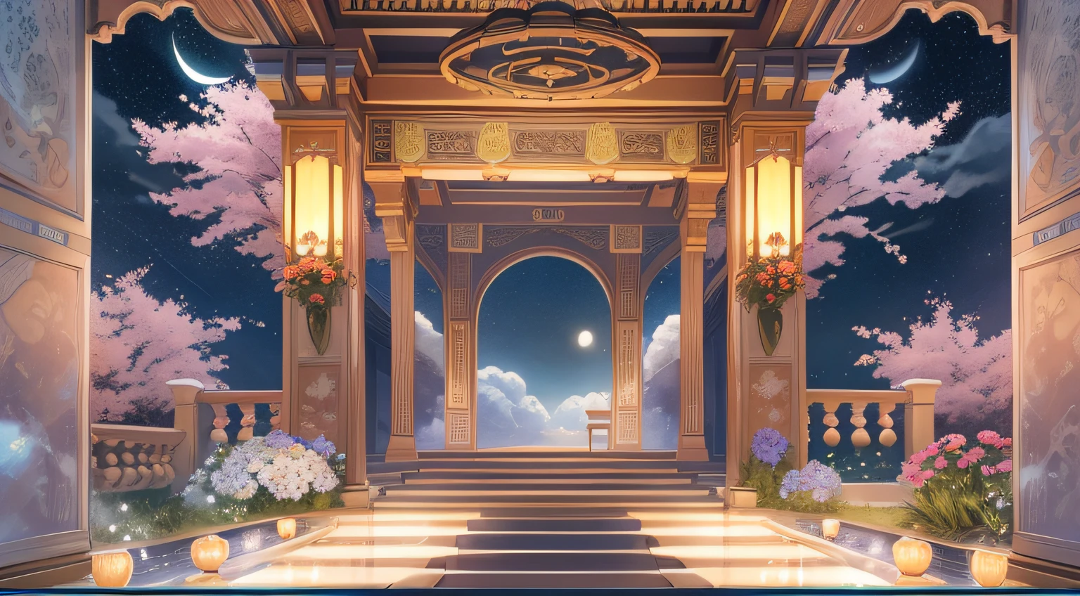 The mysterious atmosphere at the entrance of the Moon Palace,Under the starlight of the firmament,Under the bright moon shimmers with dreamy light。Moonlight shines on space-like buildings,It creates an atmosphere of mystery and grandeur。Sunlight shines through the fine clouds,Draw gorgeous interlacing of light and shadow。Beautiful flowers bloom in front of the door,Bring a touch of freshness and life。In delicate textures,It outlines the magnificence and solemnity of the Moon Palace。