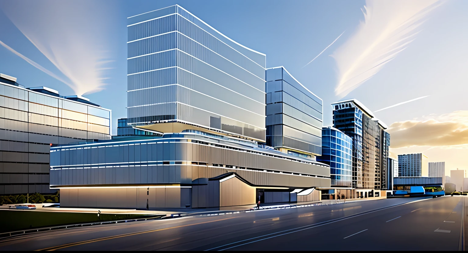 Buildings，Superior apartment，The city is busy，Dense traffic，with blue sky and white clouds，Street trees，Commercial along the street，hyper HD，high qulity，A high resolution，Urban crowds，the street，Clean glass，Conventional façade