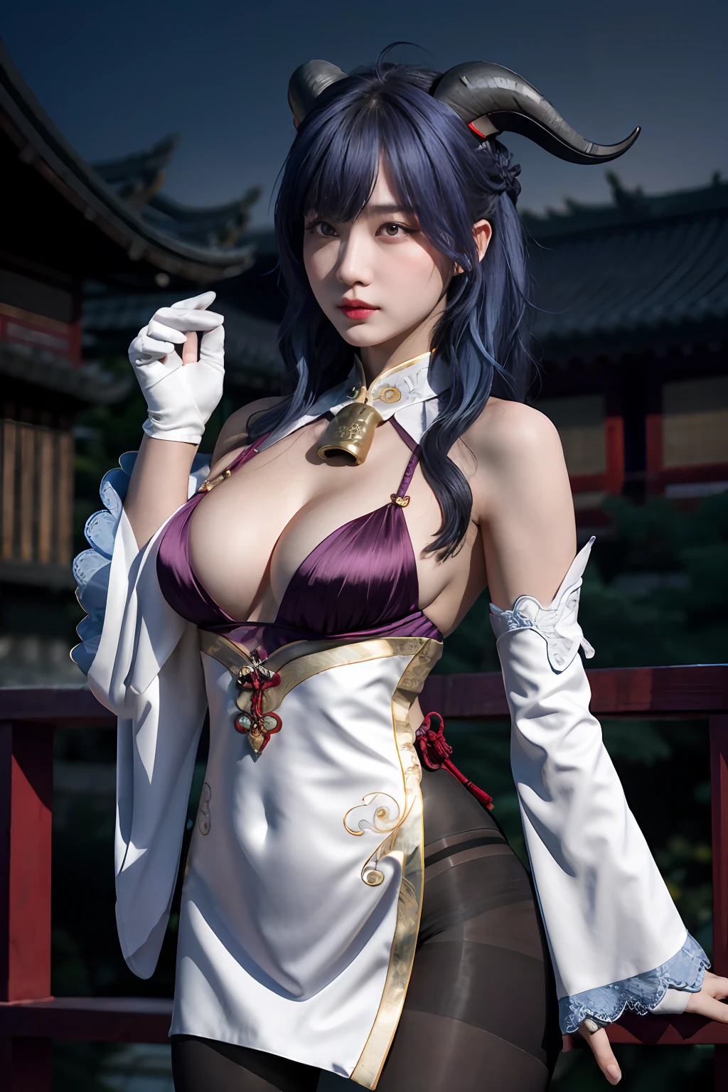 Masterpiece, (Photorealistic:1.5), Best quality, Beautiful lighting, Real life,
Ganyu \(Genshin Impact\), 1girll,,(Breast medium 1.2), Be red in the face,is shy,ssmile,(Close-up),ahoge, architecture, bangs, Bare shoulders, bell, Black gloves, Black pantyhose, (Blue hair), Blush, Breasts, Chinese knot, Detached sleeves, east asian architecture, flower knot, mitts, Horns, Long hair, view the viewer, Medium breasts, Neckbells, Night, Outdoors, Pantyhose, Purple eyes, side locks, Solo, nipple tassels, White sleeves, (Ulzzang-6500:0.5)
, Intricate, High detail, Sharp focus, Dramatic, Beautiful girl , (RAW photo, 8K UHD, filmgrain), Caustics, Subsurface scattering, Pondering