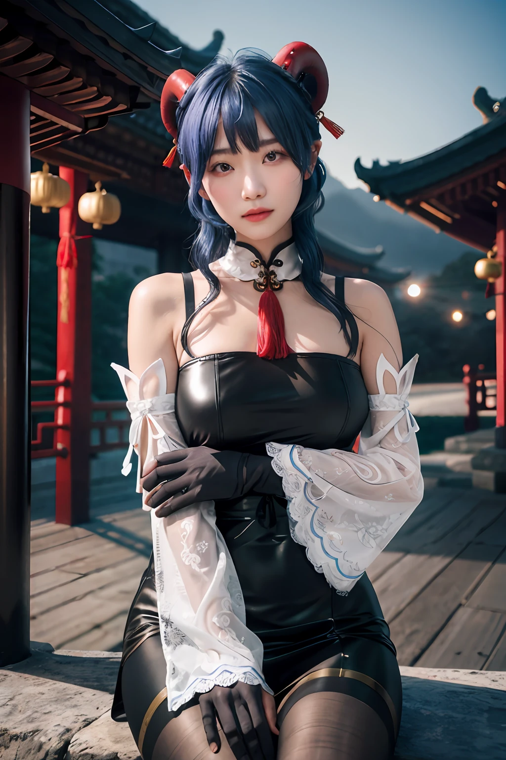 Masterpiece, (Photorealistic:1.5), Best quality, Beautiful lighting, Real life,
Ganyu \(Genshin Impact\), 1girll,,(Breast medium 1.2), Be red in the face,is shy,ssmile,(Close-up),ahoge, architecture, bangs, Bare shoulders, bell, Black gloves, Black pantyhose, (Blue hair), Blush, Breasts, Chinese knot, Detached sleeves, east asian architecture, flower knot, mitts, Horns, Long hair, view the viewer, Medium breasts, Neckbells, Night, Outdoors, Pantyhose, Purple eyes, side locks, Solo, nipple tassels, White sleeves, (Ulzzang-6500:0.5)
, Intricate, High detail, Sharp focus, Dramatic, Beautiful girl , (RAW photo, 8K UHD, filmgrain), Caustics, Subsurface scattering, Pondering