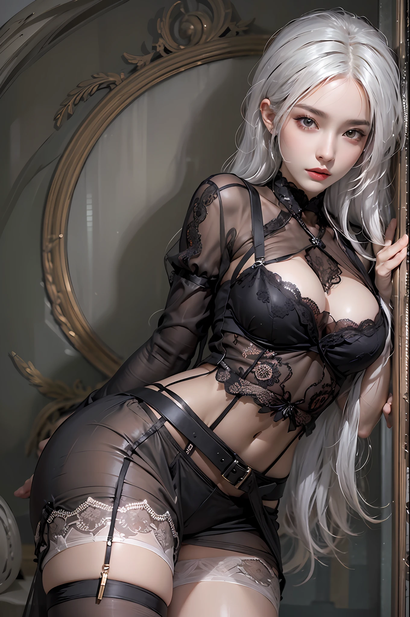 photorealistic, high resolution, 1 women, solo, hips_up, hips up, beautiful eyes, look at viewer, close lips, detailed face, white hair, long hair, black lingerie, black lace, black garters belt, black stockings, butts, ass, turning back