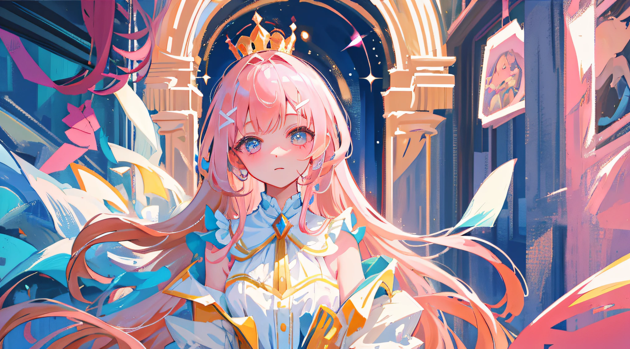 Masterpiece, Best quality, Ultra-detailed, illustration,(1girll),Beautiful detailed eyes, view the viewer, Close up, (breasts focus), (arms back behind:1.2), Pink hair, Shy,Rabbit hairpins,Naked