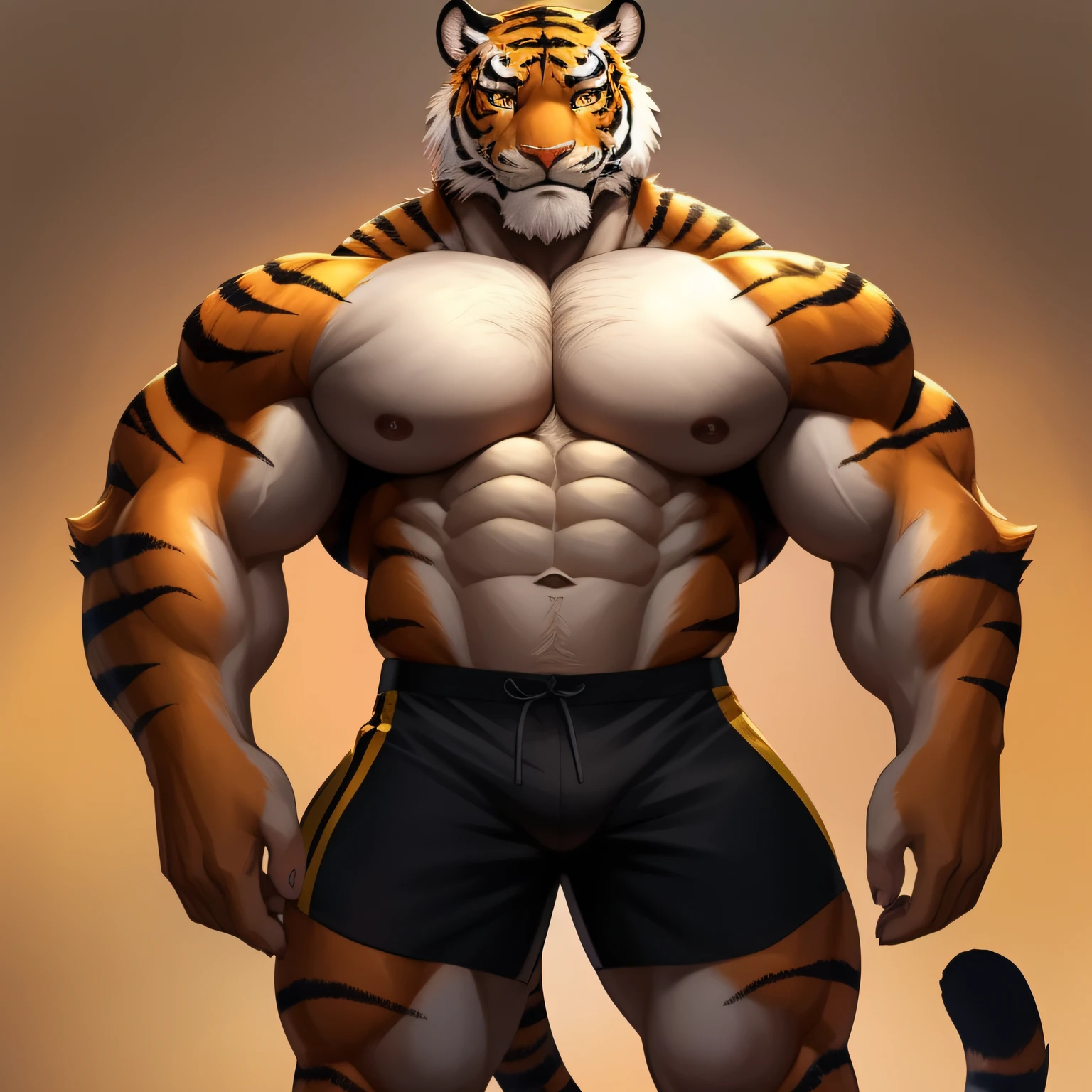 Orange fur,Golden eyes,, Tiger furry, Handsome face,Handsome eyes ,Hairy pectorals, Strong arms,Gorgeous facial features,美丽细致的眼睛,Complex fur,Detailed face,Perfect skin texture, Wide shoulders, large pecs, big bicep, Abs, upper legs,Delicate golden eyes,(simplebackground,white backgrounid:1.3),full bodyesbian,(tmasterpiece:1.2),(best qualtiy:1.3),standing on your feet,Black fitness shorts,Bare upper body,frontage,multiple angle,Painting material