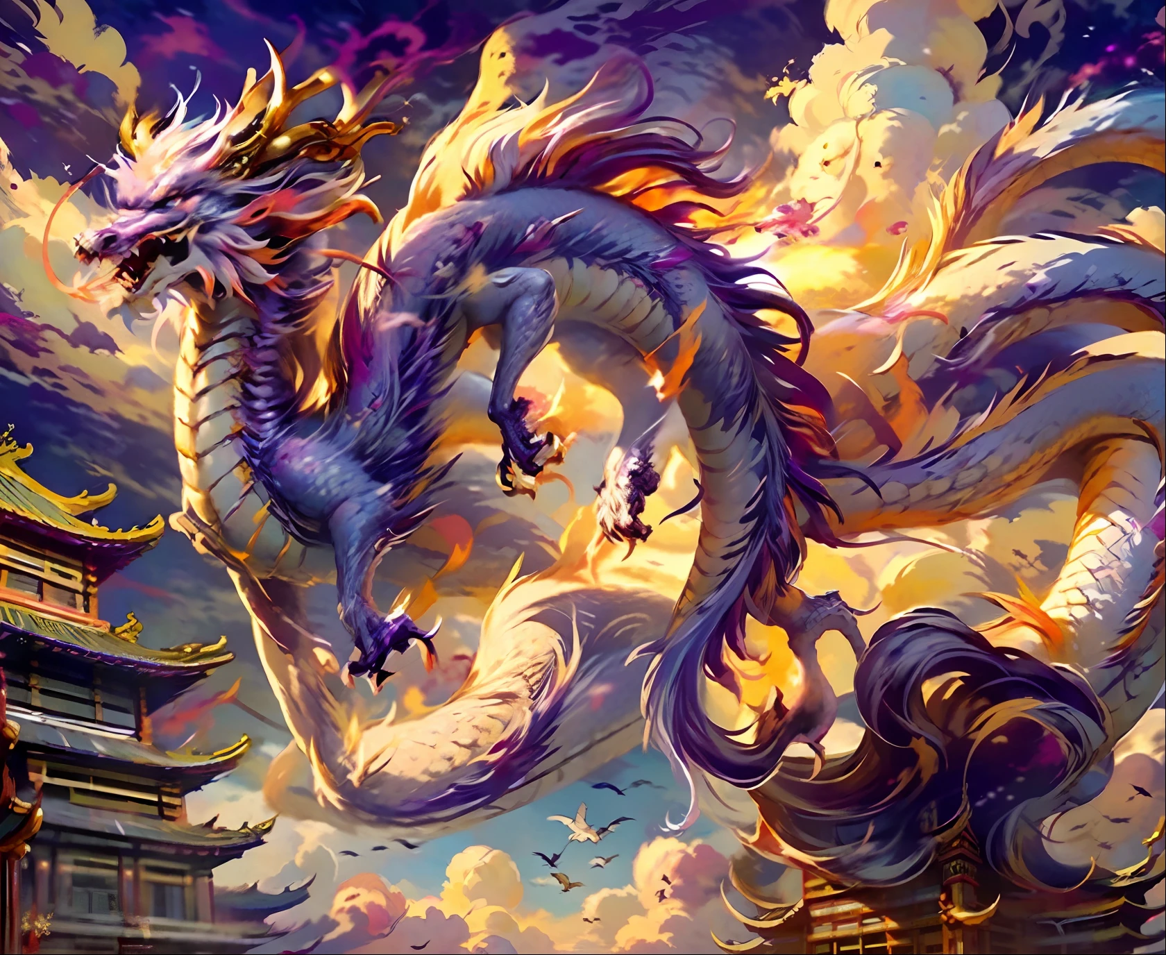 Best quality, masterpiece, ultra high res, naked without humans, (long: 1.2), no humans, cloud, architecture, east asian architecture, purple eyes, horns, open mouth, sky, fangs, oriental dragon, overcast sky, teeth, flying, purple fire, bird, wings