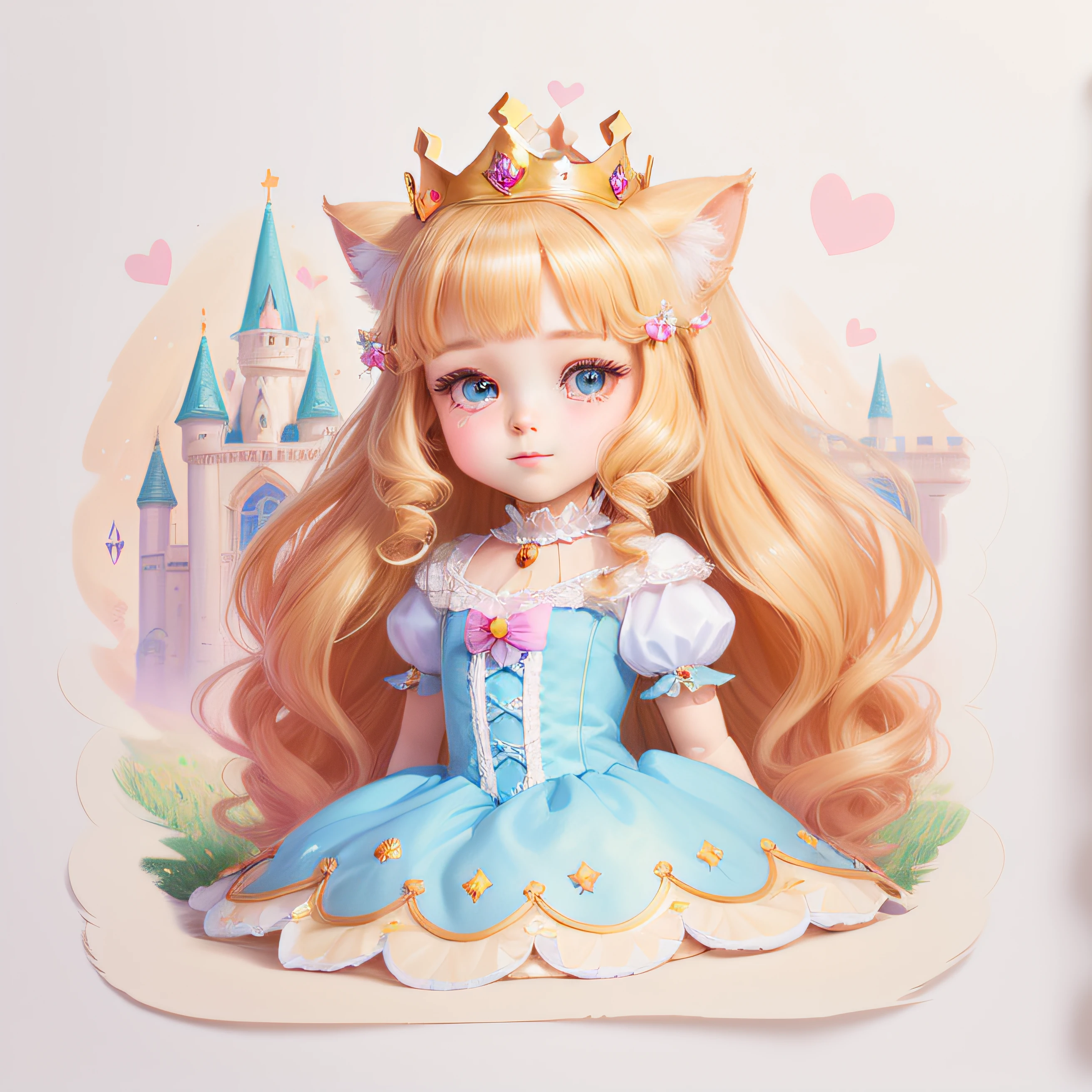 There is a picture of a doll with a crown on it, princess portrait, Cute detailed digital art, blond-haired princess, Anime princess, Kawaii realistic portrait, lovely digital painting, very beautiful cute catgirl, fairy-tale illustration style, adorable digital art, portrait of princess, Guviz-style artwork, lovely art style, uma linda princesa, lovely queen