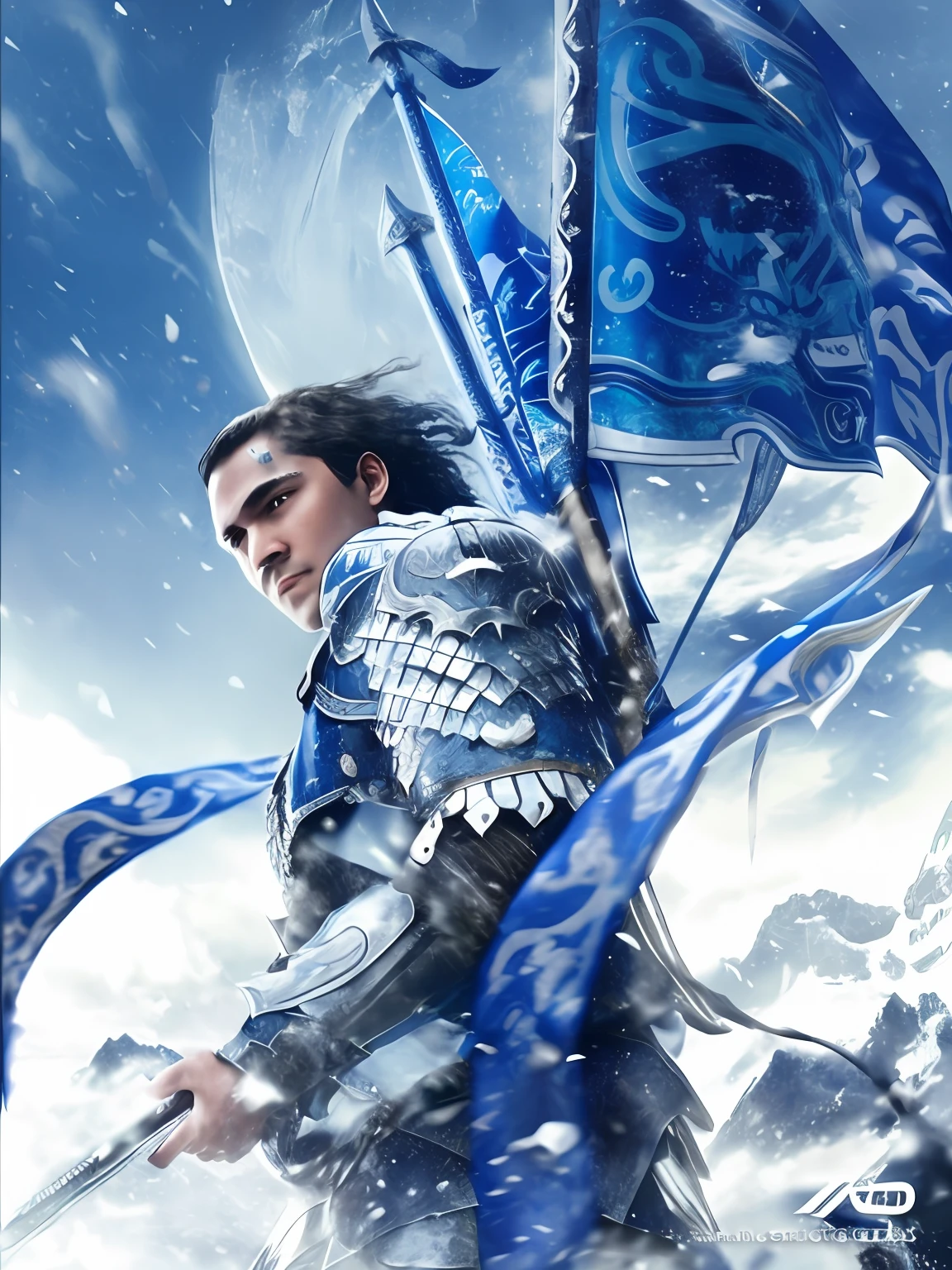 A young man wearing blue armor and holding a spear