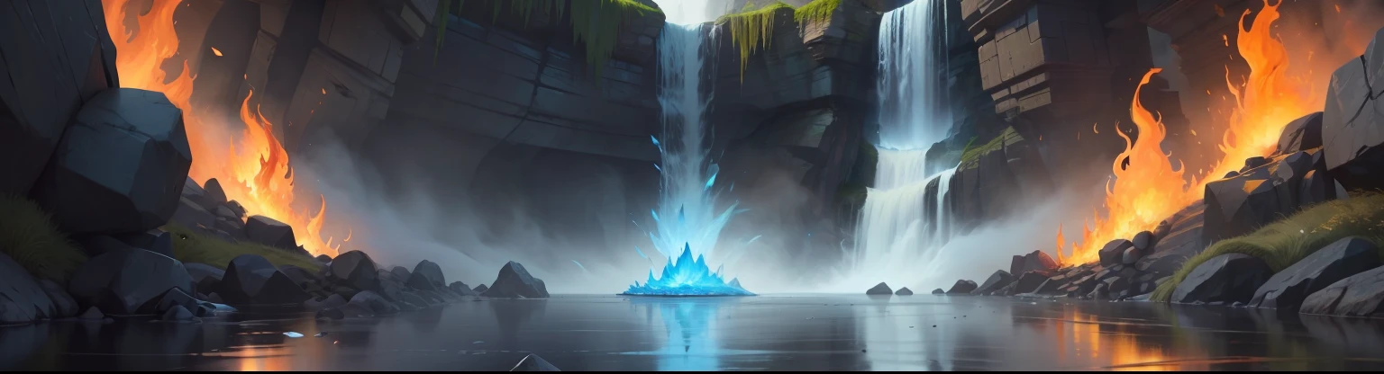 Draw a waterfall, fire and water,Epic surrealist 8K oil painting, a portal to the lost flame realm, fire and ice,4k vertical wallpaper, smelting pit'beeple