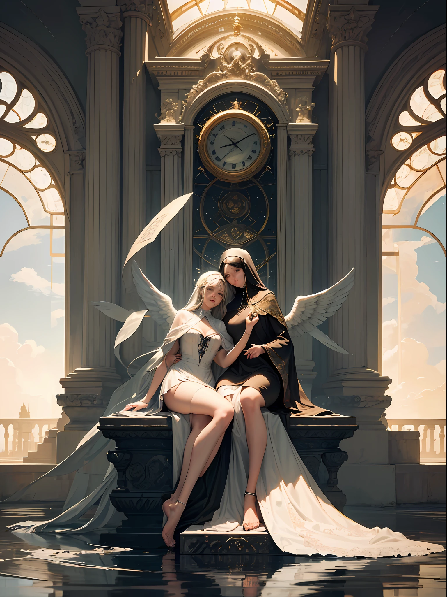 Busty nun with young blonde girl on her lap,lewd nun,a mature female,(Large breasts:1.3, Wide_Hips:1.5, a narrow waist, Small waist:1.5, Slender body:1.2,black pantyhoses,Long legs,sit on chair,Incredible white luxury futuristic interior,paredes rochosas,marbled,minerais preciosos,metals,Pedras preciosas,crystal,clouds and water,Ultra Luxo,black marble ,Marble angel sculpture,Majestic sculpture,flowing lace,A magnificent hall,Christian art,high high quality,highly detailed,(Um ser celestial),painting of a,Greg Olsen's style,Viewpoint from below,Beautiful light,Clouds,Braided hairstyle,The Bible on earth(The background is very detailed,Busy background:0.8),Utopian world, Shiny great colors,Prosperous building, High-end clothing and architectural design, Draped in silk banners with ancient imprints,wide wide shot,Ray traching,hdr(HighDynamicRange)、Ray traching、NVIDIA RTX、Hyper-Resolution、Unreal 5、sub surface scattering、