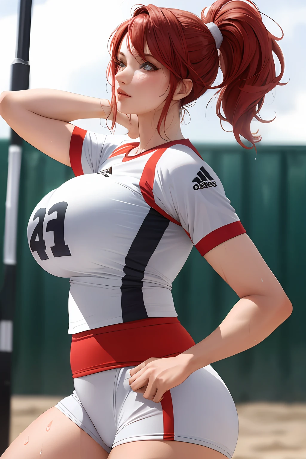 Masterpiece:1.2, Best quality), Realistic, (Real picture, Intricate details, Depth of field), (1girll, Solo), make up, parted lip, highly  detailed, Perfect face,
(Huge breasts:1.4), (skin indentation), Thick thighs, Wide hips, Small waist, Tall, glossy coral lips,
red hair, Red eyes, pony tails,
(A girl playing volleyball, white volleyball suit), (full of sweat:1.2), (Wet), Sexy, Blushing,