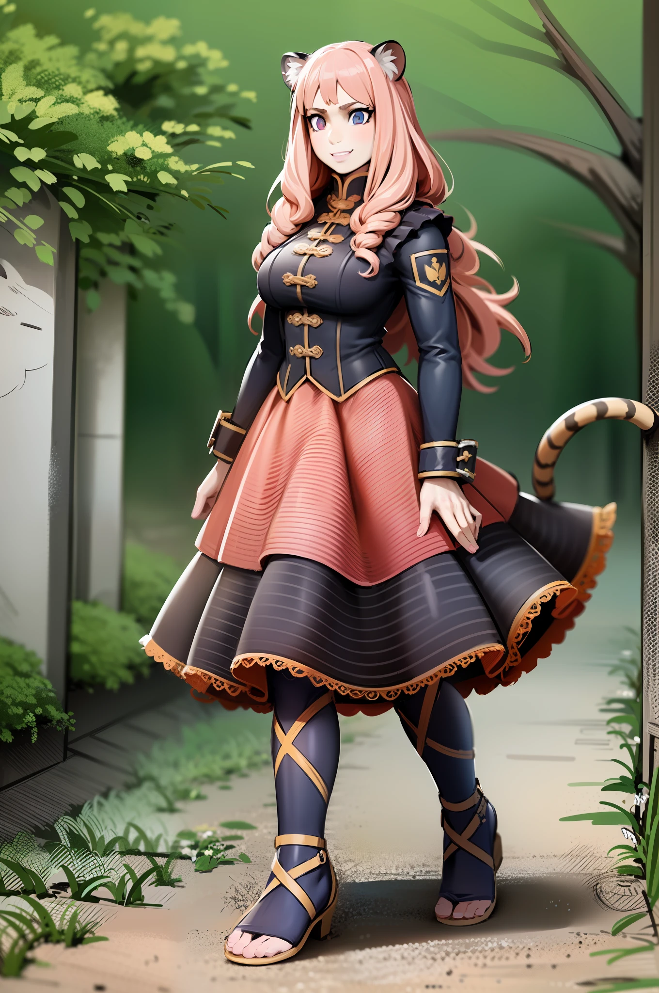 , tiger ears, tiger tails, martial art, medium chest, pink hair, skirt, jacket, godess,1girl,coat,walking, solo focus.1character, holy catholic mountain,alone, full body, long skirt, smug smile, long skirt, victorian cloths, forest, portrait, victorian skirt,, flip flops