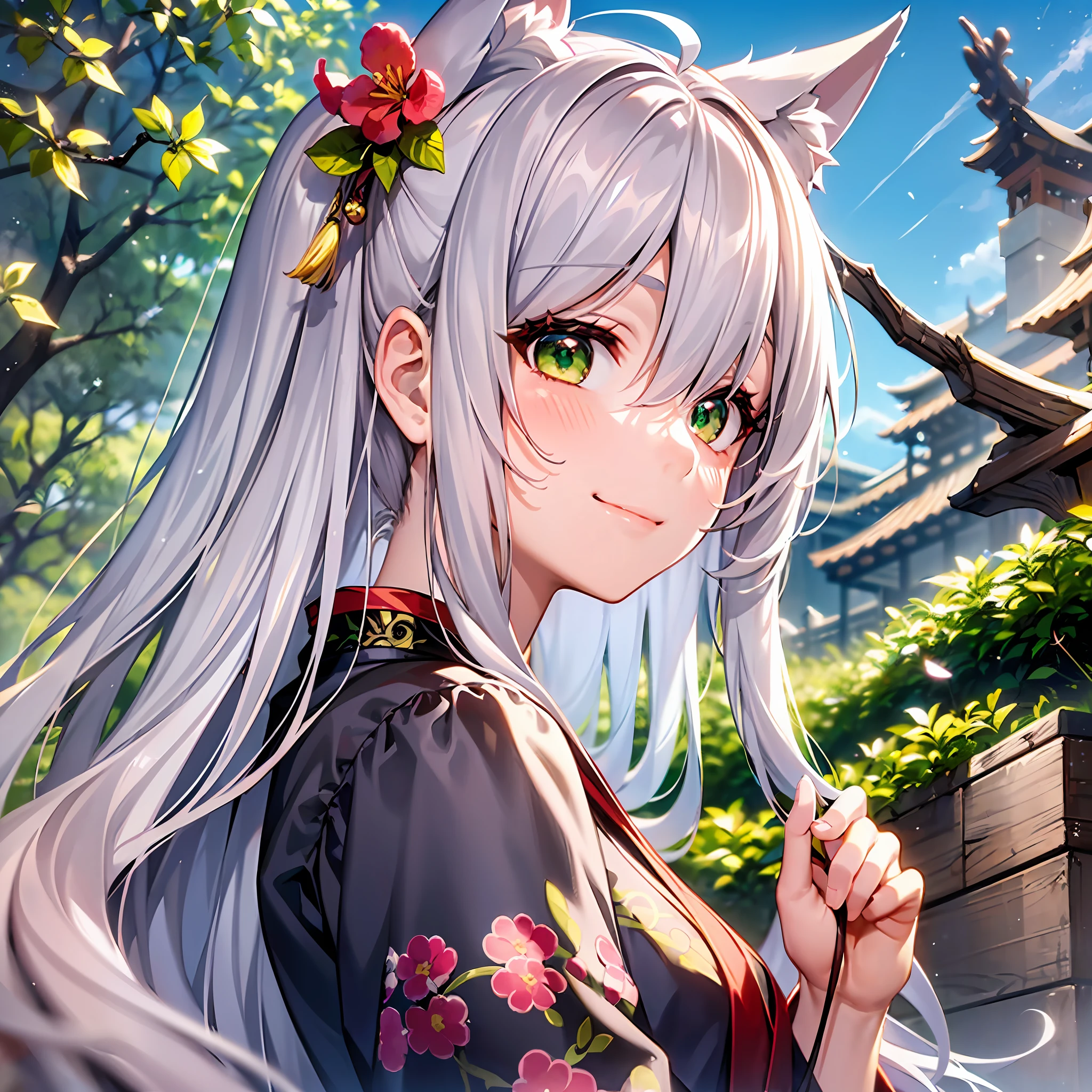 1girl, solo, fox girl, (fox ears:1.15), (silver hair:1.15), orange streaked hair,  very long hair ,updo, (green eyes:1.4), glint, (glowing eyes:1.2), (hair over one eye:1.15), (fingersmile:1.5),  (hanfu:1.25), medium breasts, (yokozuwari:1.3), profile，{{head_tilt}}，{{{looking up}}}, (from below:1.4）,outdoors, Ancient palace background,peach blossom, amimia,