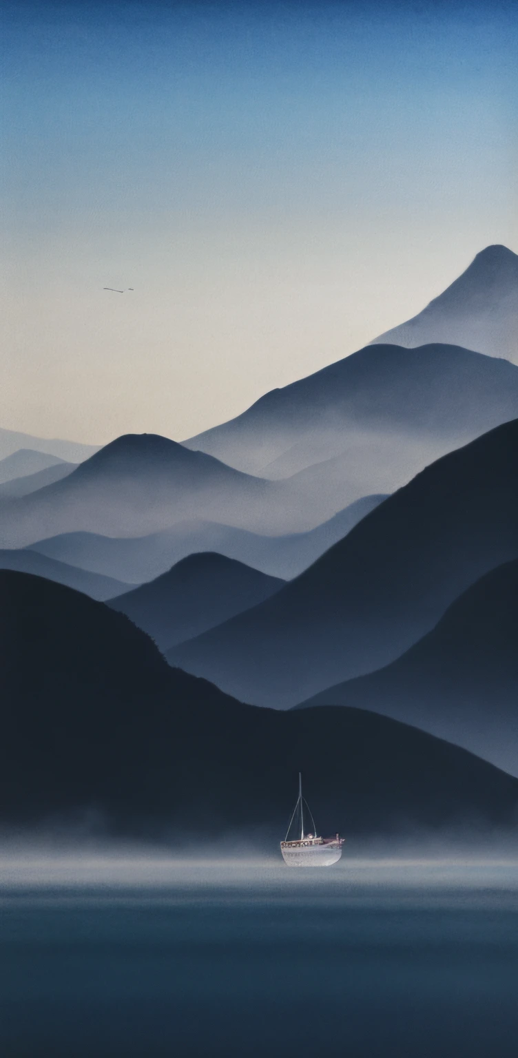 there is a boat that is floating in the water near a mountain, Floating mountains, Chinese watercolor style, Chinese landscape, Chinese painting style, Inspired by Ma Yuan, mountain scene. cinematic Film still from, misty mountains, in stunning digital paint, Detailed painting 4 K, Traditional Chinese Ink Painting, mountains in fog background, By Ren Xiong, Chinese ink painting, mountain range in background，Minimalist，ren，Less color，Milky water，The mountains are black gray