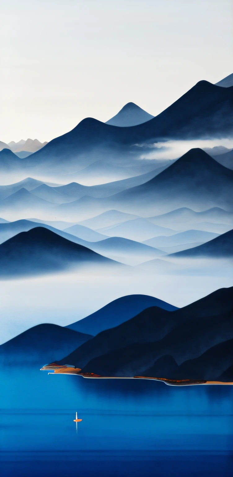 there is a boat that is floating in the water near a mountain, Floating mountains, Chinese watercolor style, Chinese landscape, Chinese painting style, Inspired by Ma Yuan, mountain scene. cinematic Film still from, misty mountains, in stunning digital paint, Detailed painting 4 K, Traditional Chinese Ink Painting, mountains in fog background, By Ren Xiong, Chinese ink painting, mountain range in background,Minimalist,ren,Less color,Milky water,The mountains are black gray