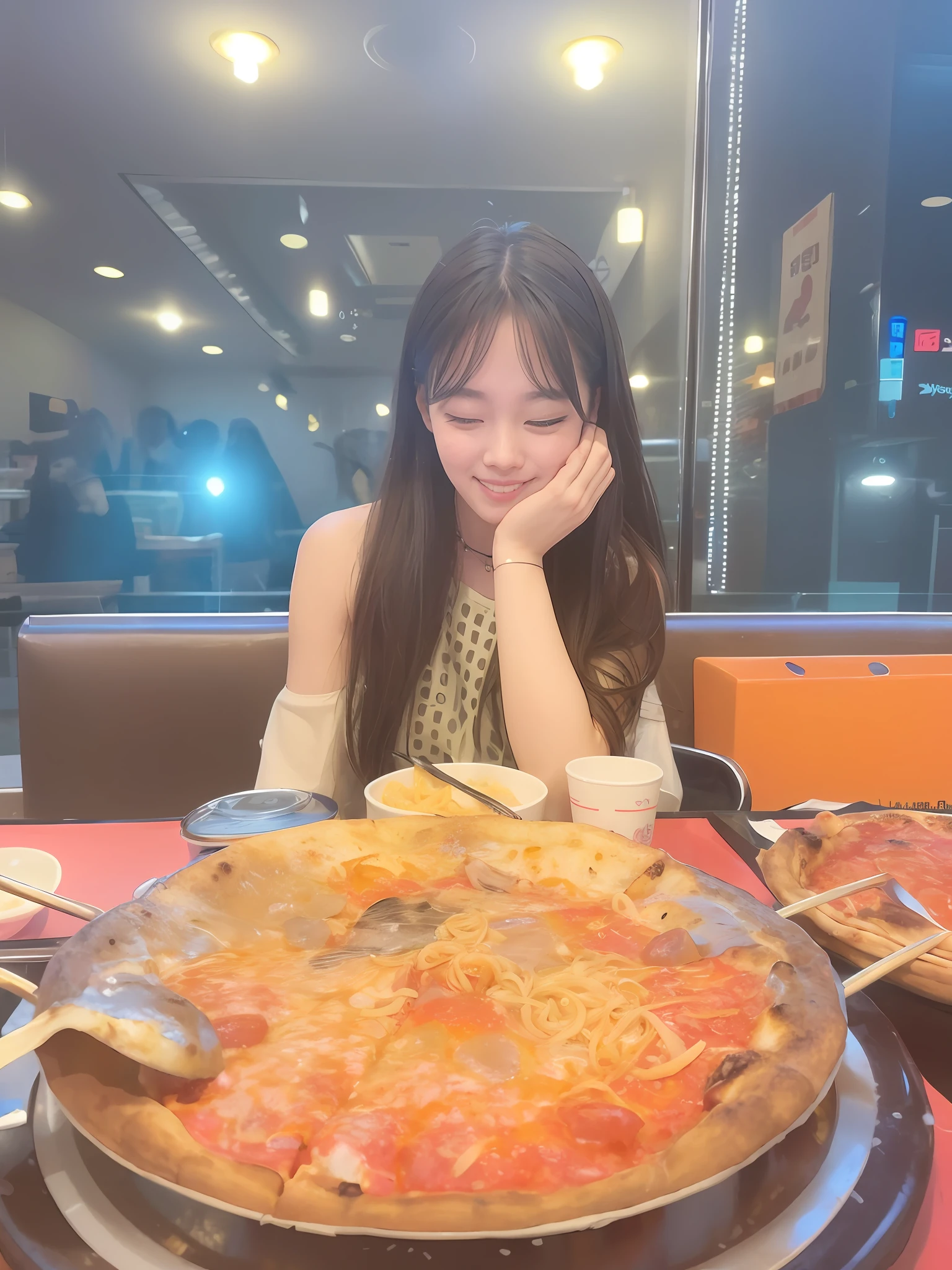 The woman was happy to sit at the table，He had a big pizza in front of him, mukbang, Eating noodles, ❤🔥🍄🌪, krystal, ulzzangs, 8K)), jaeyeon nam, eating ramen noodles, ssmile, Eating, gongbi, eating pizza, 24mp, 2 4 miles/sec, daopao, shaxi