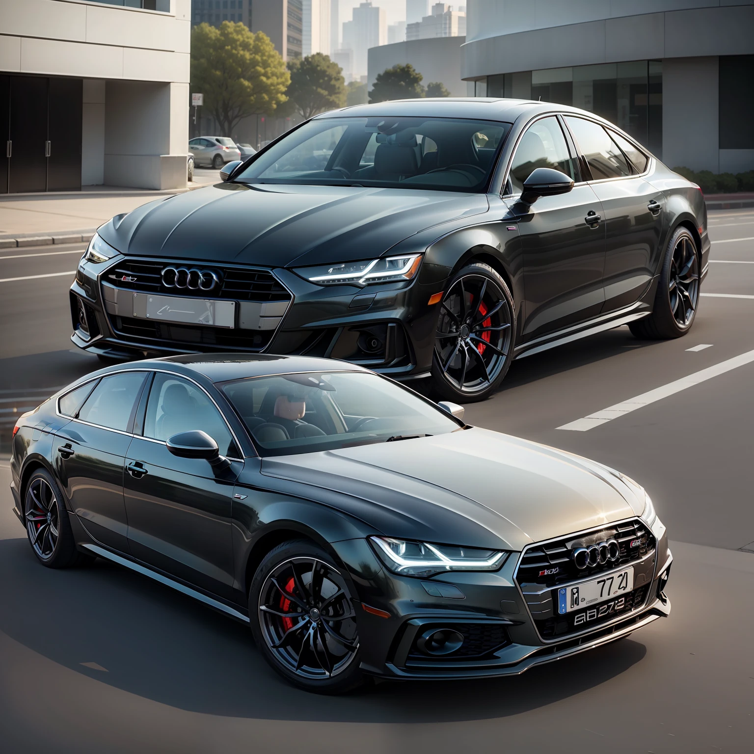 One parked in a graceful curve、The Audi A7 next to the building with a strong sense of design。