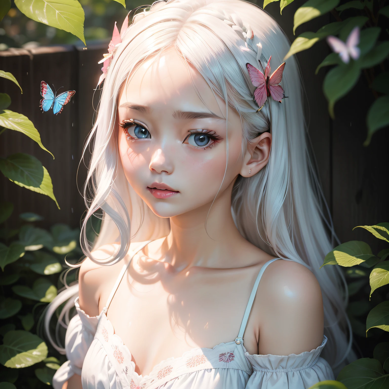 1girl,Bust photo,portraitures,white color hair,erfly hair ornaments,blue color eyes,二重まぶた,small-nose,Pink lips,Face optimization,natural skin tones,melancholic expression,cropped shoulders,比基尼,little breawas raining lightly all around,A high resolution,tmasterpiece,Japanese and Korean star photo,