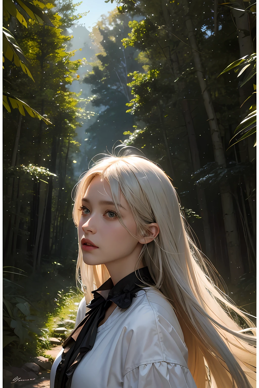 Hyperrealist portrait of female by david hockney and alphonse mucha,fantasy art, photo realistic, dynamic lighting, artstation, poster, volumetric lighting, very detailed faces, 4 k, award winning,, 1girl, in the dark, deep shadow, low key,cowboy shot,(official clothing:1.4) ,long hair,white hair,sunshine,tree,in forest,no hat