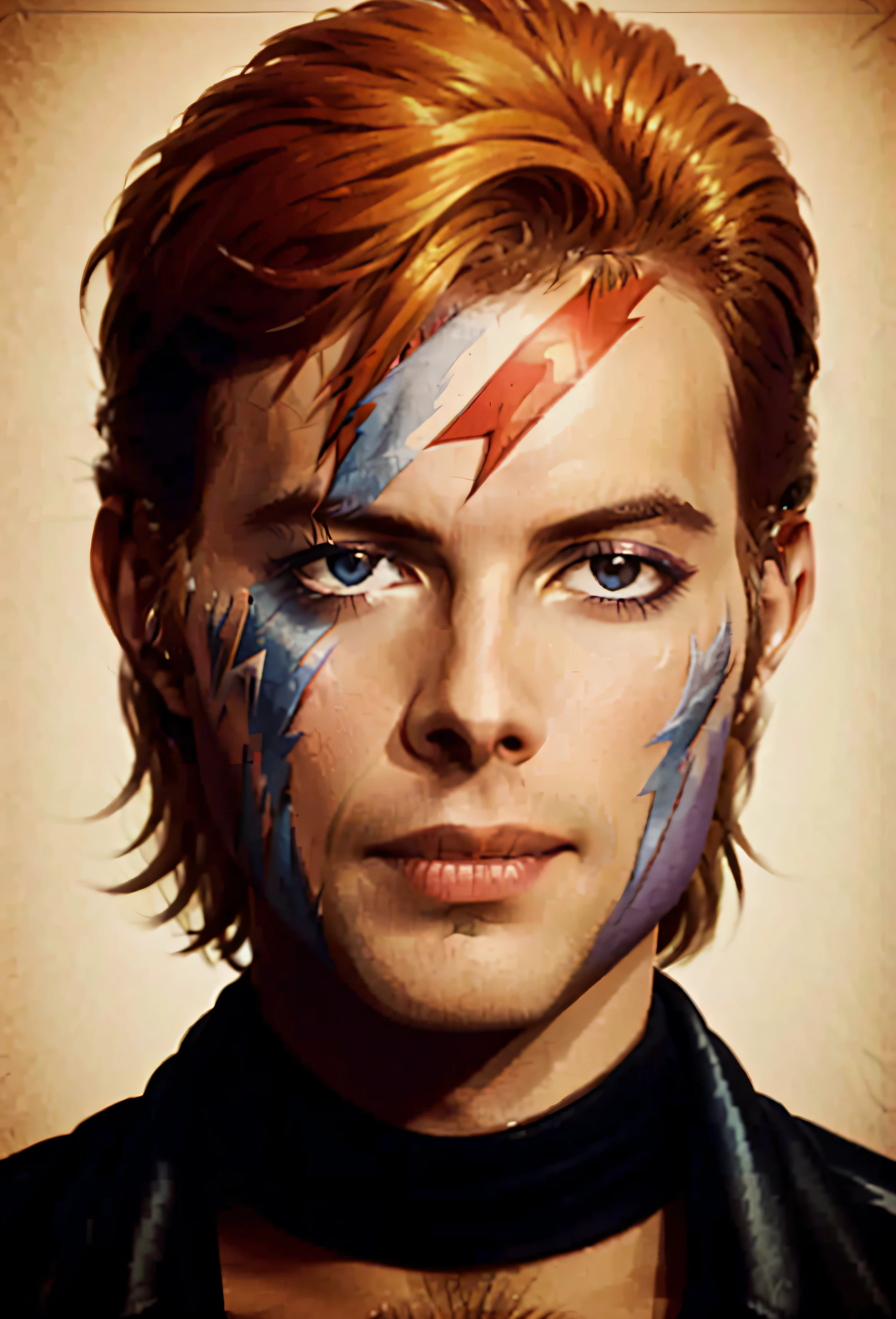 a close up of a man with a face painted with a lightning bolt, an anime portrait of david bowie, wearing war paint, roygbiv, david bowie, portrait of david bowie, nft portrait, amazing, war paint, fan art, stunning art, sideburns, art in the style of joshy sly, adam, prideful look, morphing