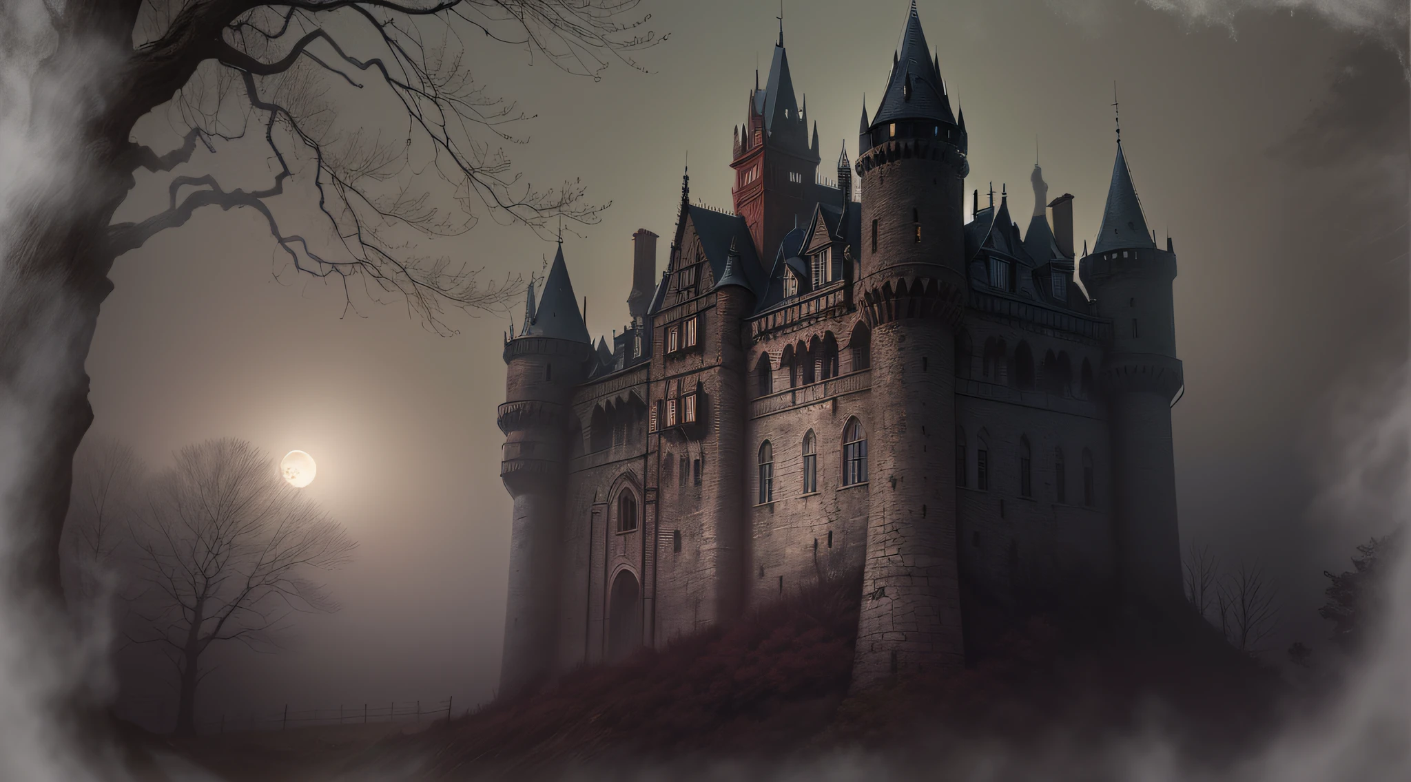 In the heart of a desolate wasteland, the Dark Castle stands as a relic of a forgotten civilization, sand dunes encroaching on its base, a blood-red sky casting an eerie glow, ravens perched on its ramparts, a solitary figure exploring the ruins, 3D Artwork, using realistic textures and lighting to portray the decaying beauty of the castle