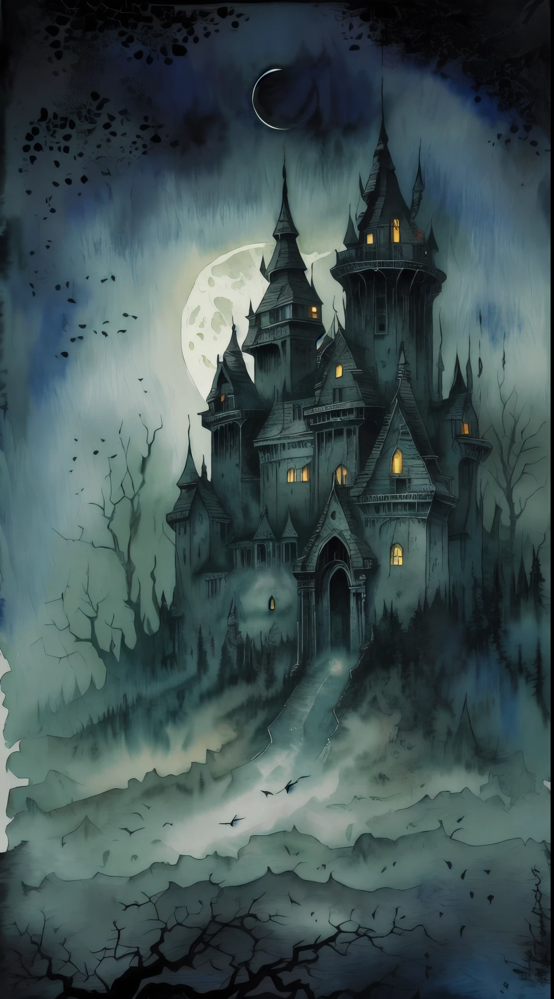 Lost in a desolate and cursed moor, the Dark Castle emerges from the mist, spectral lights flickering in its windows, the full moon casting elongated shadows, a haunting melody echoing through the air, hinting at a tragic past, Painting, watercolor on paper, employing a monochromatic palette with deep blacks to intensify the horror atmosphere,