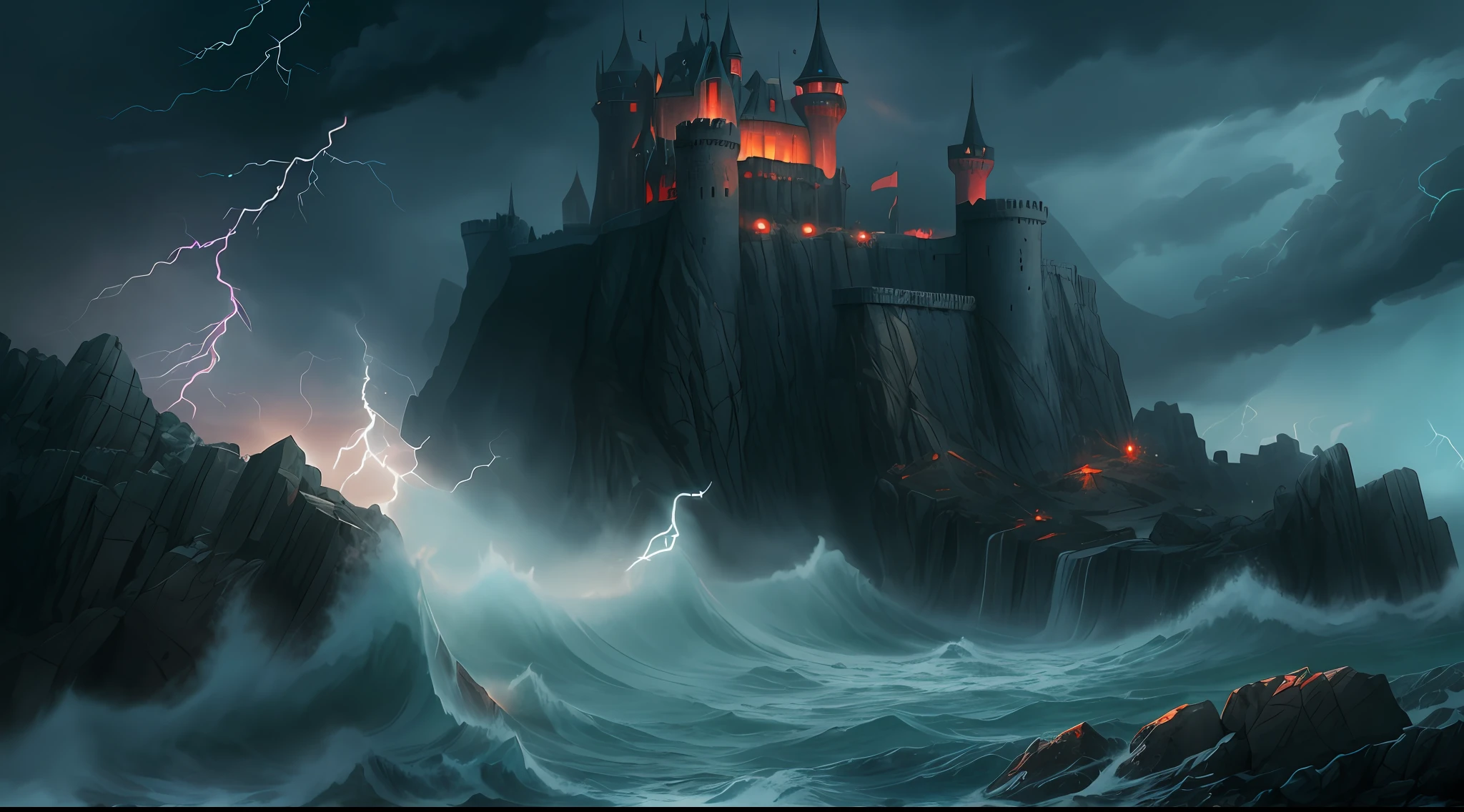 Amidst a thunderstorm, the Dark Castle stands atop a jagged cliff, lightning striking its turrets, a roiling sea crashing against the rocks below, the castle walls covered in mysterious runes, an ominous aura that chills the soul, Illustration, using a digital painting technique to create dramatic contrasts and emphasize the eerie elements of the scene,