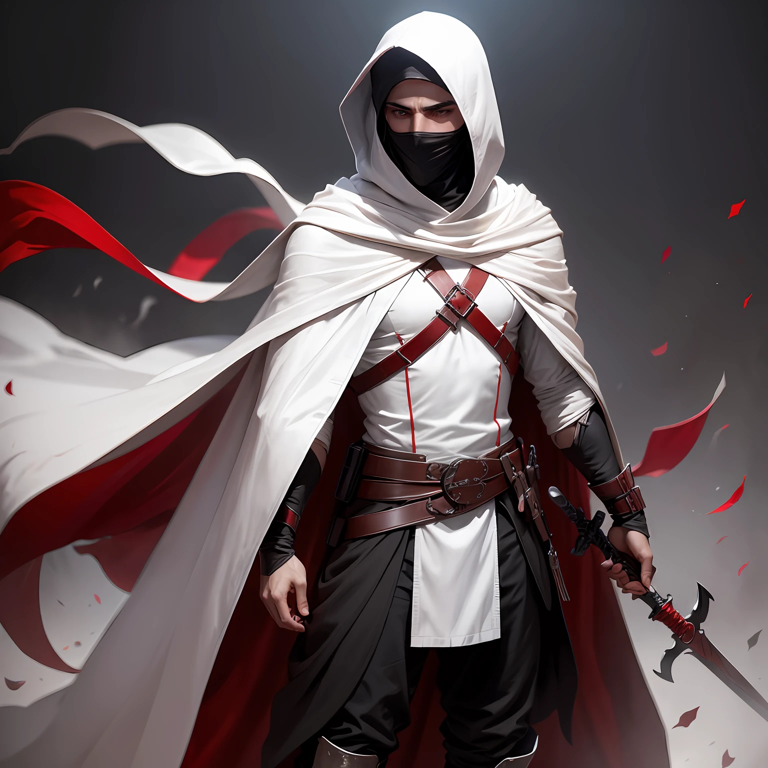 Man, 12th century, Syria, in his late 20s, assassin, wearing knee length assassin's robes, white robes with red and brown accents, face covered by hood, red "utility belt" made of cloth holding throwing knives, sword hanging from his hip, black boots, grey lighting and accents --auto