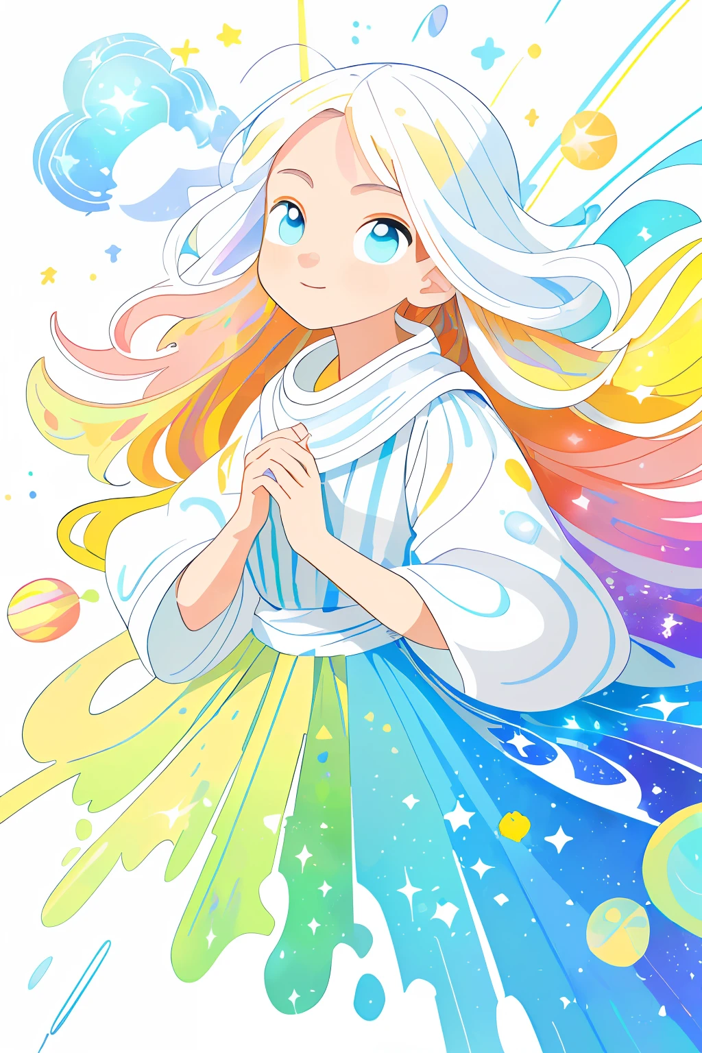 ((Masterpiece)), (((Best quality))), ((Ultra-detailed)), ((illustration)),(Fantasy style),(White background:1.6), There are different doors on Earth，The girl holds a heart in her hand,Simple background, (earth theme),(cloaks)[(hair focus,((1girll)),[(big slime hair): (Cloud hair):0.3], (hair on background),(High saturation),((Detailed starry sky with colorful galaxies and galactic clouds):1.2)):0.35], (((tmasterpiece))),(((best qualtiy))),((ultra - detailed)),(illustratio), (dynamic angle),((floatking)),(Paintwork),((Loose hair)),((beautifull detailed face)),((The color hair)),((Striped hair)),Beautiful detailed eyes,(Gradient color eyes),(((Colored eyes))),(((coloured background))),(((high saturated))),(((Surrounded by colorful splashes))),(((Surrounded by colored dots))),Colored bubbles,((Shiny)),