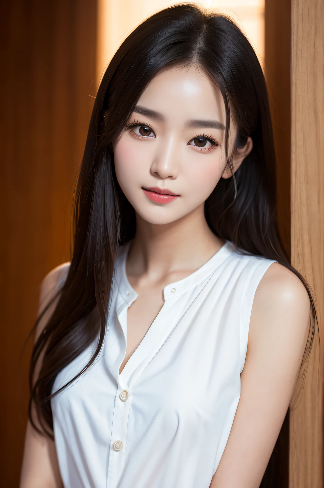 ((best qualtiy、8k masterpieces:1.3))、foco nítido:1.2、(ultra beautiful faces:1.0)、(shinny skin:1.0)、photos realistic、A dark-haired、Video Lighting、High-definition eyes and face、Video Lighting、(cowboy shot:1.3)、(Korean Cute Actress)、from the front side、medium large breasts、ssmile、Sleeveless、Slender Abs Beauty、Wearing a white blouse