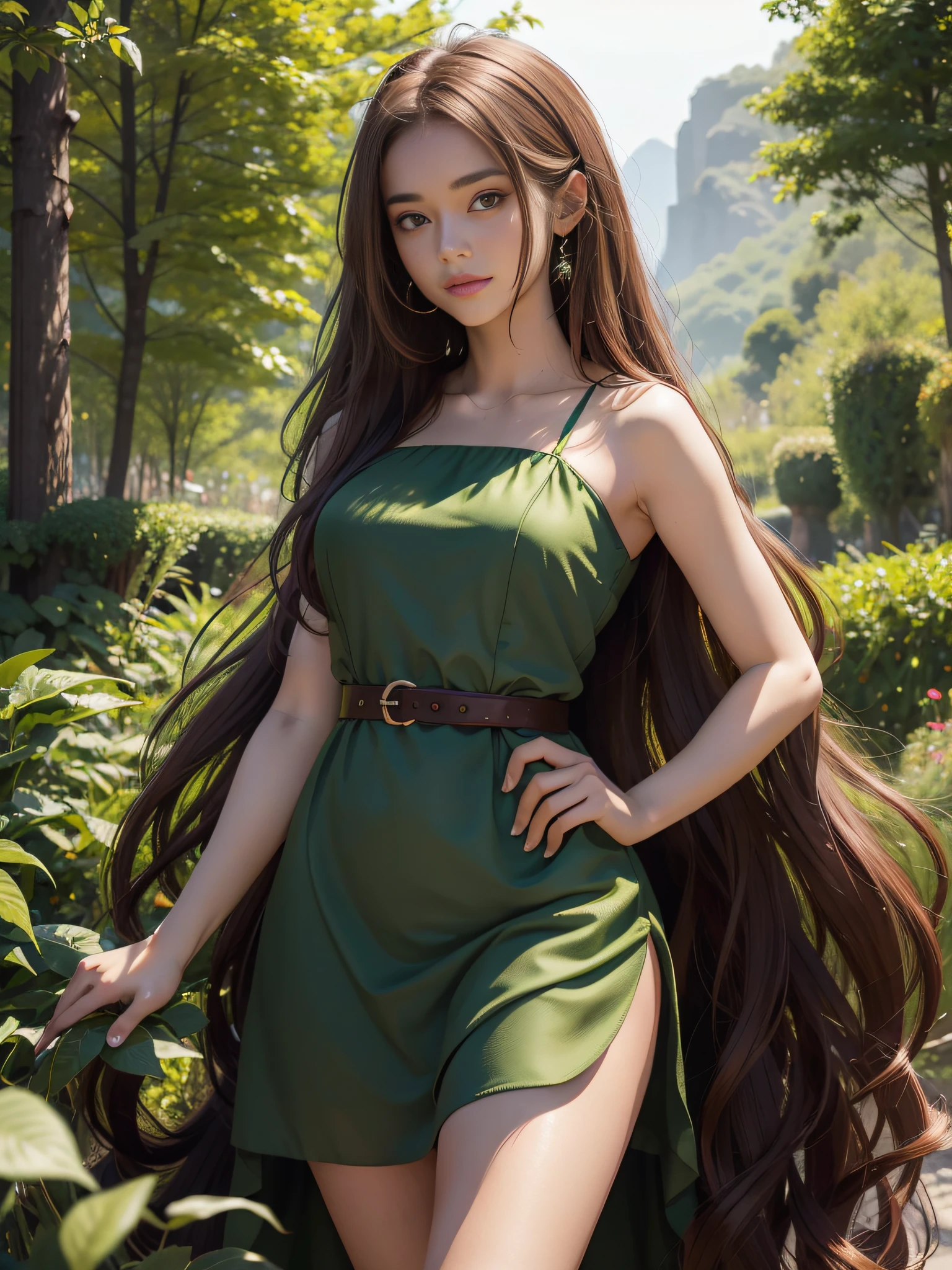 A cartoon girl in a green dress，with long hair in takes, In the style of 32K UHD, Light dark red and brown, Dark brown and white, princesscore, Soft realism, Lovely, Striking – AR 40:53 --AR 3:4 --q 5 --niji 5