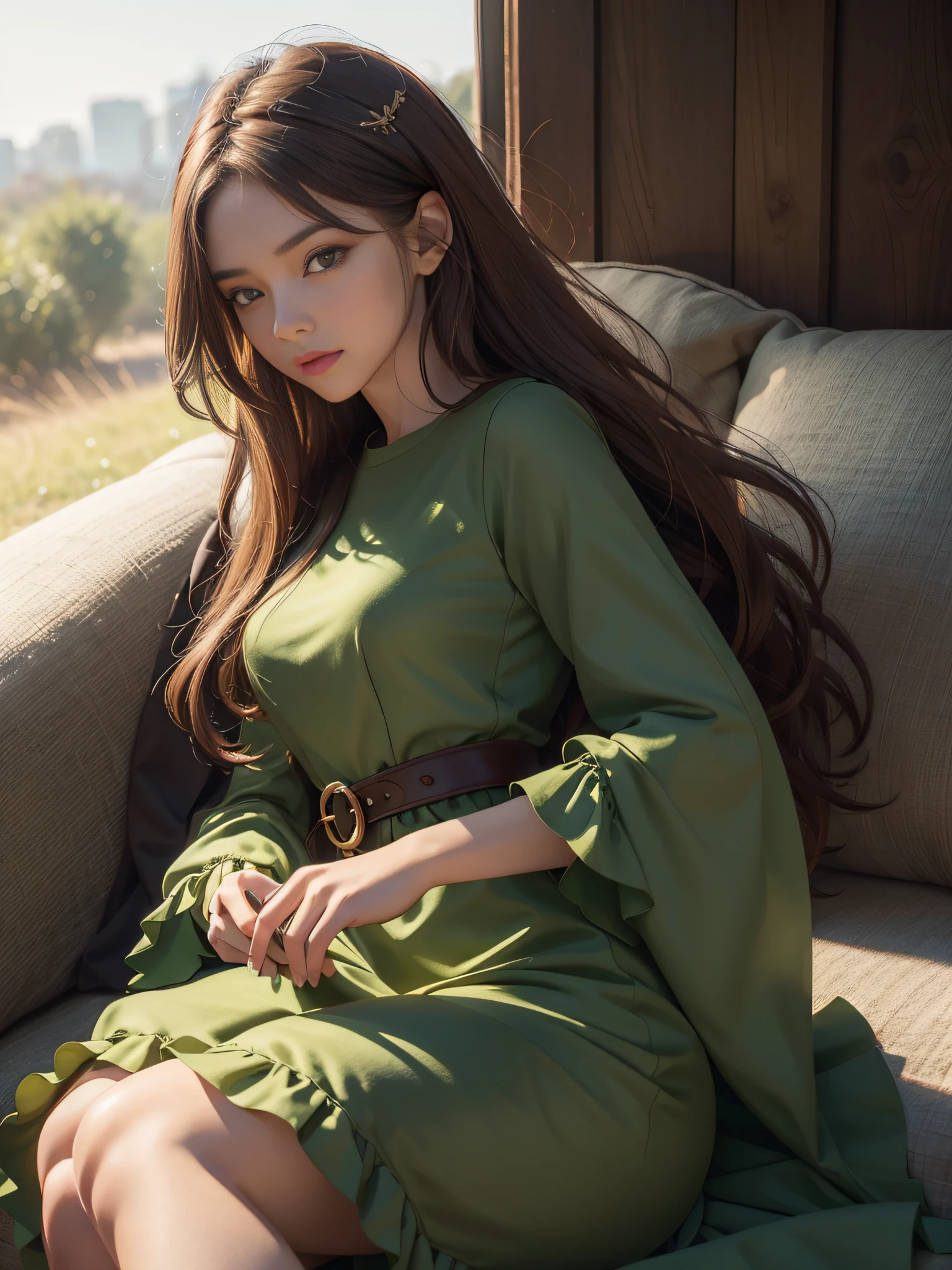 A cartoon girl in a green dress，with long hair in takes, In the style of 32K UHD, Light dark red and brown, Dark brown and white, princesscore, Soft realism, Lovely, Striking – AR 40:53 --AR 3:4 --q 5 --niji 5