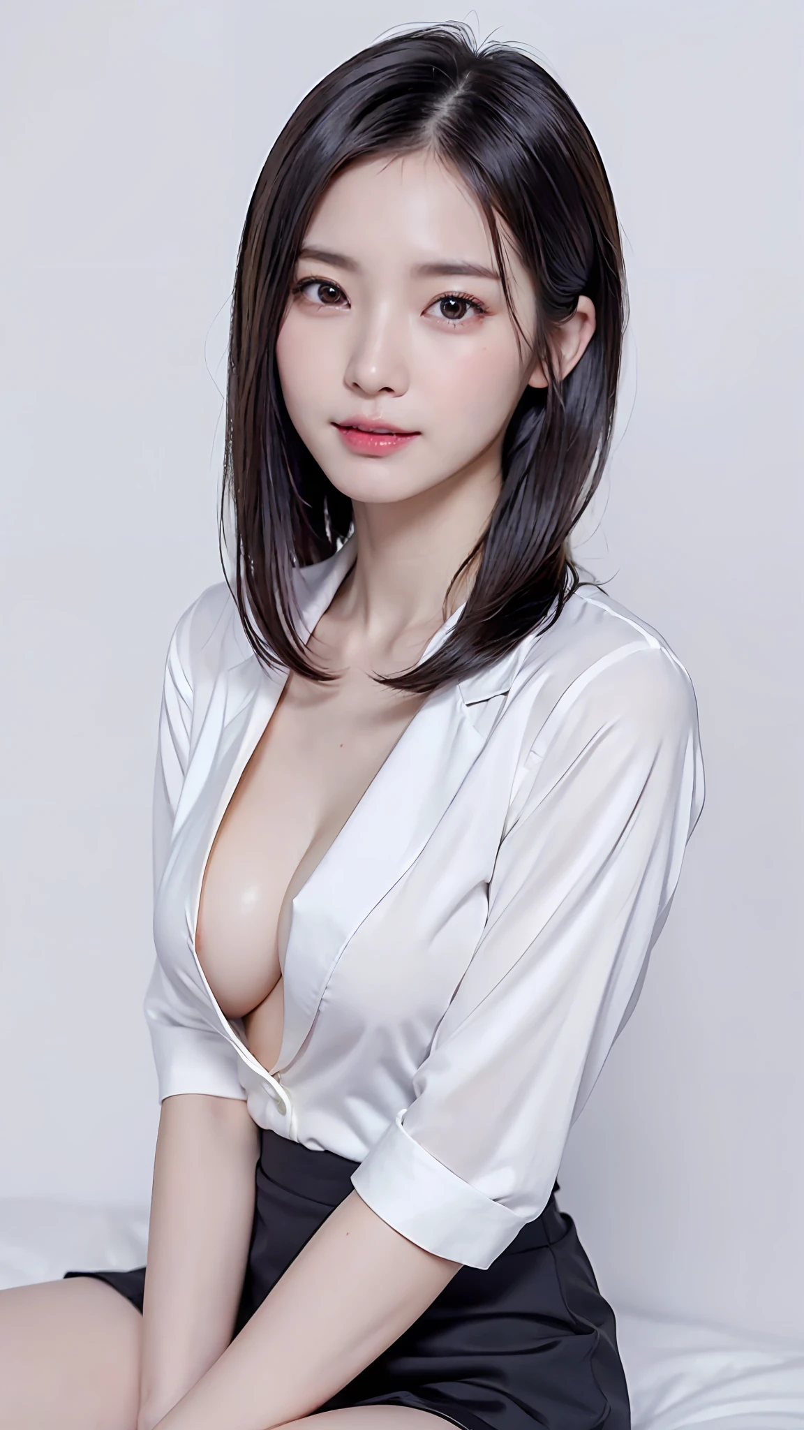masterpiece、top-quality、超A high resolution、High detailed portrait、(photographrealistic:1.4)、(((1girl in)))((1girl in、White fair skin、sitting on、Since a while ago、close up of face、age19、spotless、cute little、pretty black hair、Glossy black hair、short_cut、shorth hair、Normal milk))(enticing、Office style suit、Shirt with wide open chest、The jacket is skinny.、no-bra、teats)(portrait of japanese famous actress)、(A smile、Happiness、Joy、jolly、closes mouth)、(Lift your chest with your arms)、High detailed eyes、((Really snow-white background、Nothing background))、((long neck、bangss、bangss、Clean face、Gaze staring at the camera、Lashes、big eye、Distinct double eyelids、glowy skin、Clean skin quality、lipgloss))、skinny thigh、(sexypose、Skirt twisted、cowboy shot、thigh visible、Hide breasts with clothes)、low angle shot