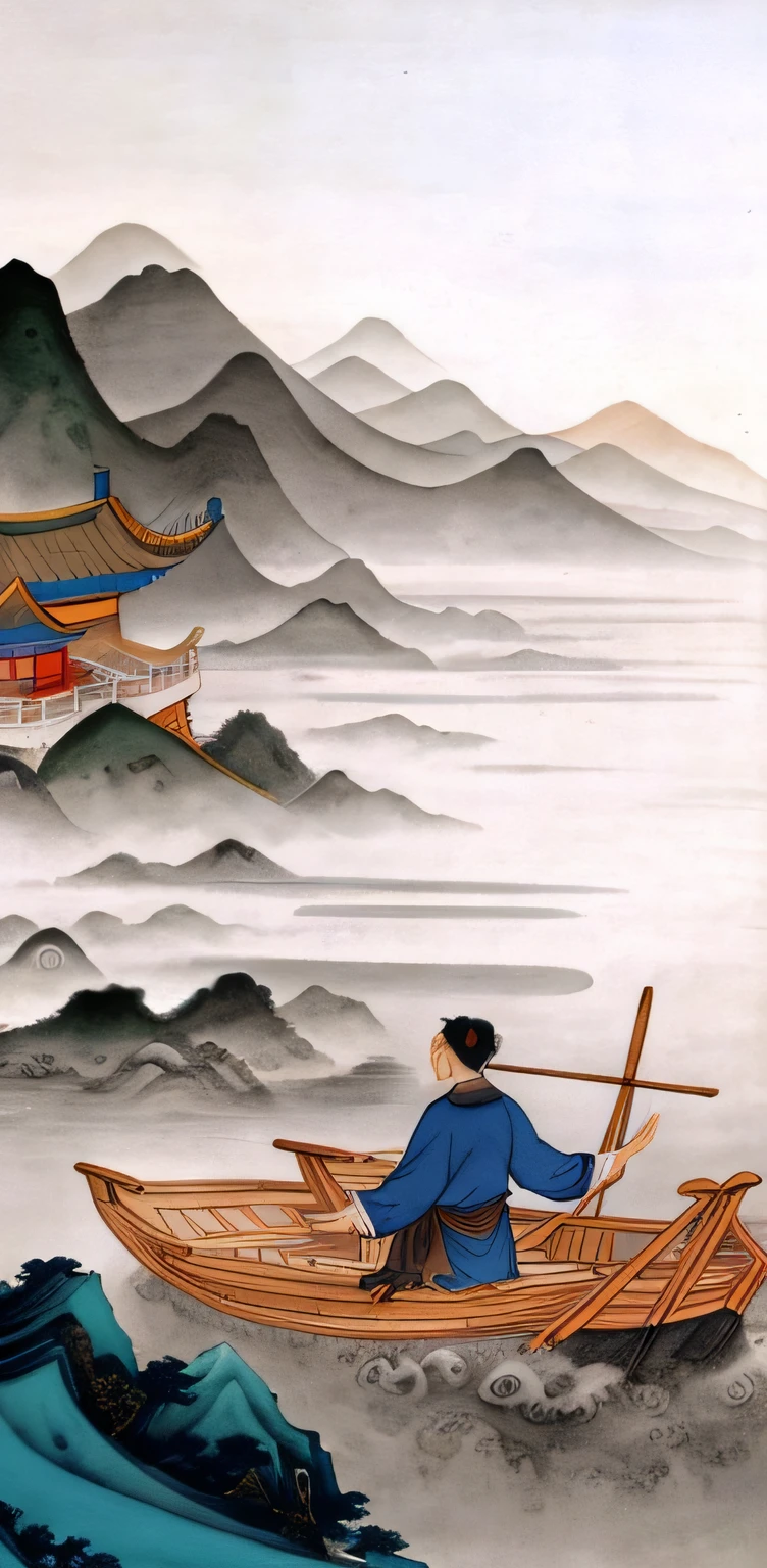 there is a boat that is floating in the water near a mountain, Floating mountains, Chinese watercolor style, Chinese landscape, Chinese painting style, Inspired by Ma Yuan, mountain scene. cinematic Film still from, misty mountains, in stunning digital paint, Detailed painting 4 K, Traditional Chinese Ink Painting, mountains in fog background, By Ren Xiong, Chinese ink painting, mountain range in background
