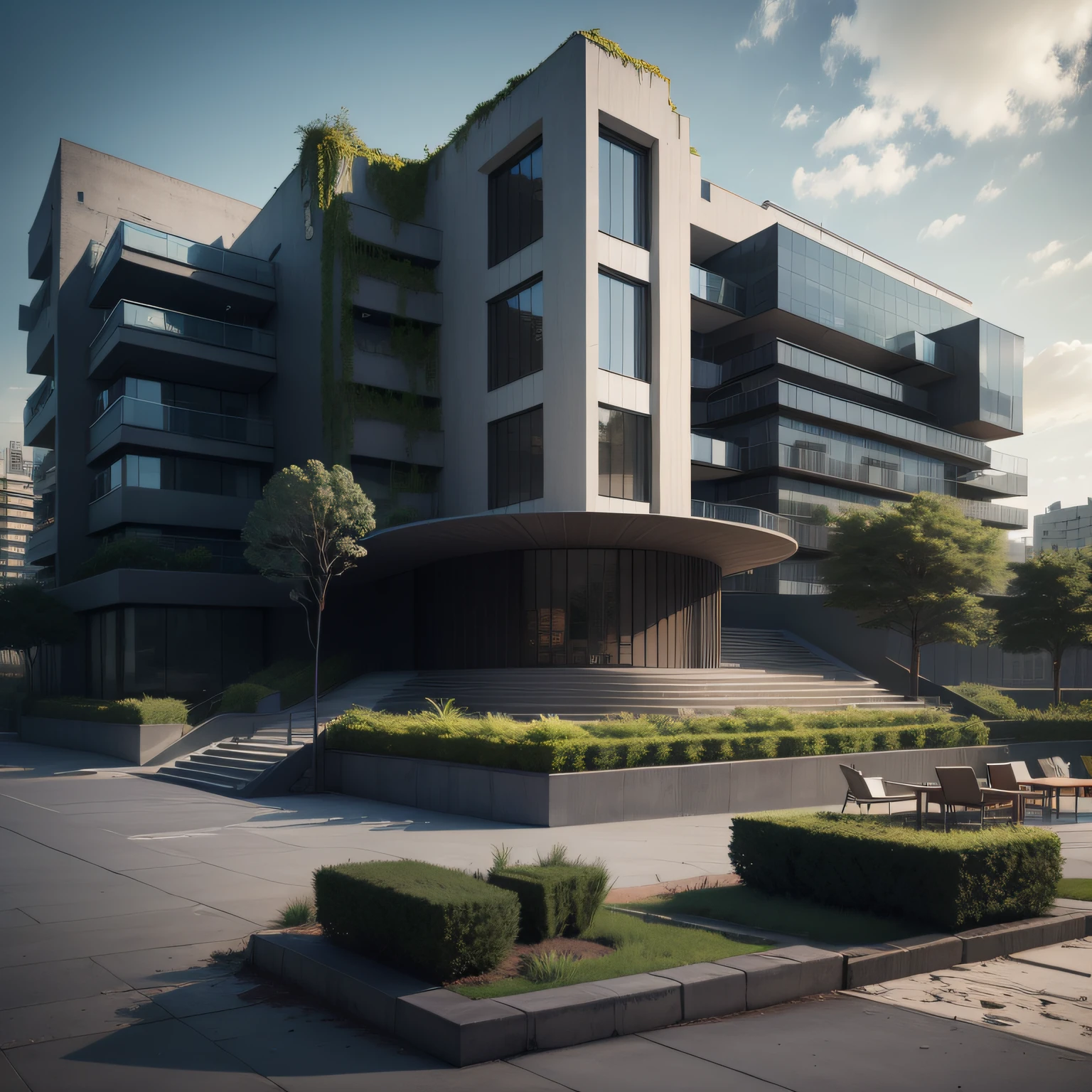 Grande hotel, Arquitetura futurista, building in the background, Architecture of a dark gray concrete building, madeira e muito vidro nas fachadas, architecture inspired by João Salvador, Building with large lawn with some statues, Monumental luxury building in dark tones, Arquitetura moderna, grande piscina em frente ao hotel com grande desk, sun loungers and parasols, restaurante interior com grandes fachadas em vidro, grandes candeeiros no interior, lots of vegetation around, hotel com 120 quartos, Arquitetura moderna, organic architecture, Geometria luxuosa, hiper-realista, Fantastic 8K architecture, UHD — AR 16:
