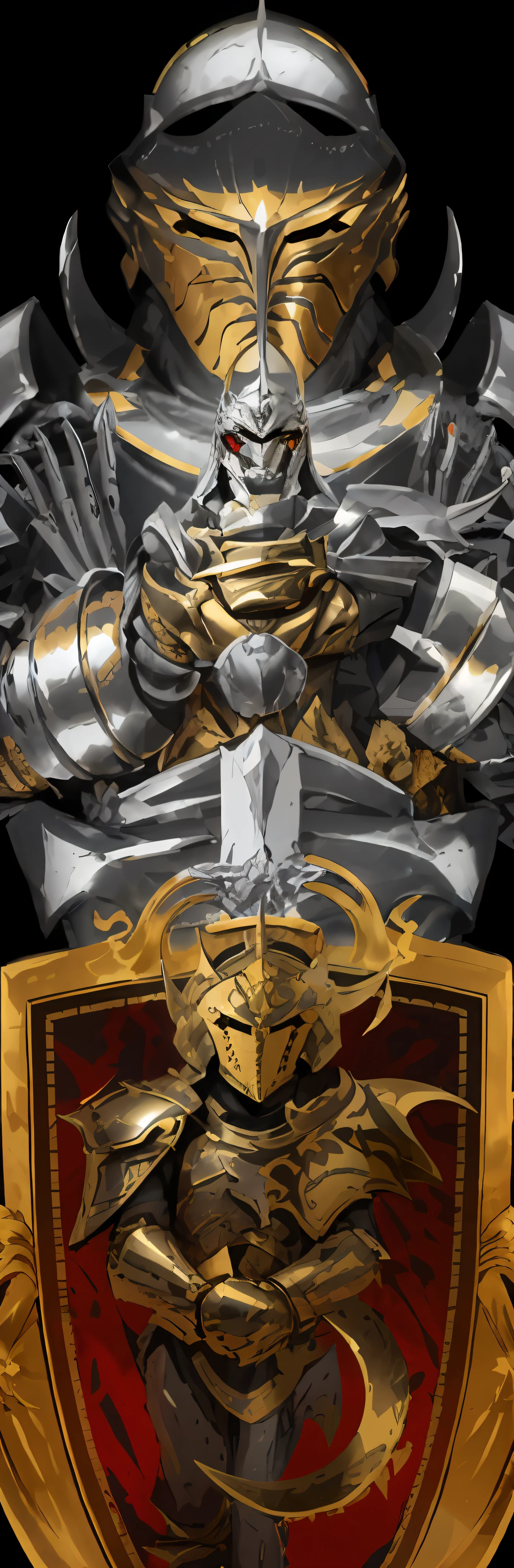 Close-up of a shield with a knight's helmet, silver and gold heavy armor, the golden cat armor knight, Silver armor,Thin gold trim, Silver armor,golden trim, heavy white and golden armor, paladin golden armor, gold and silver armour suit, armor focus on face, Epic Paladin armor, heavy golden armour, paladin armor