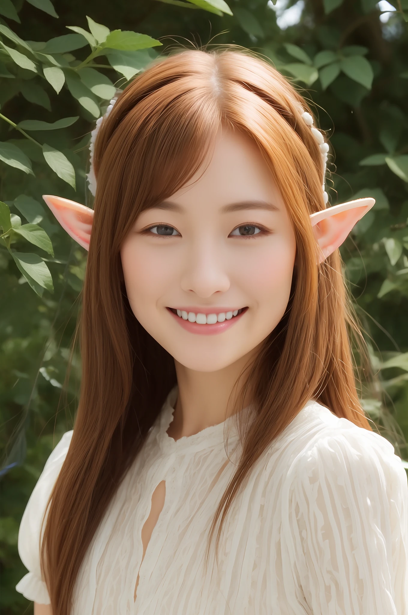 Beautuful Women、(elf-ears)、Brown hair、a smile、White blouse、Looking at the camera