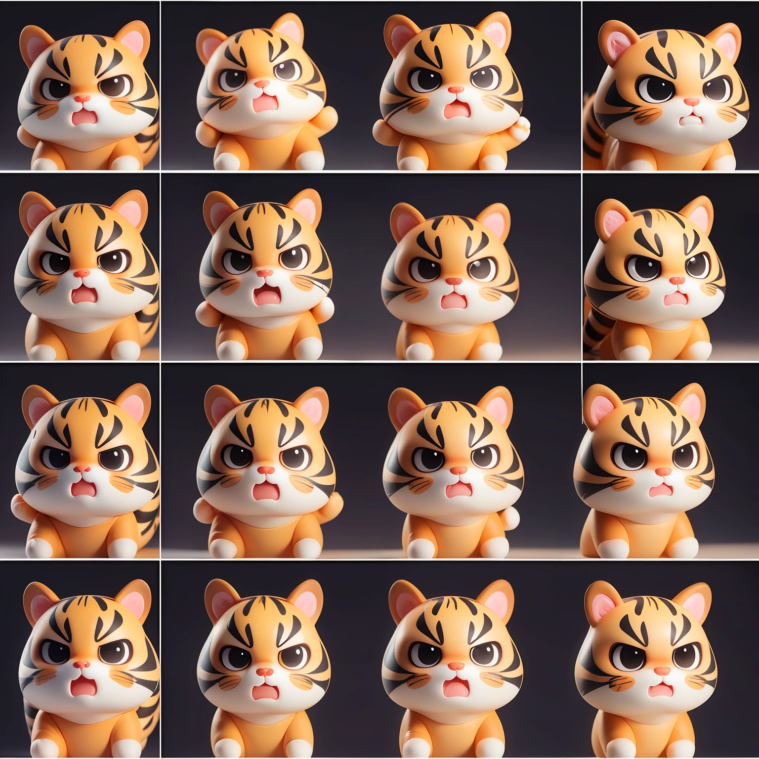multiple poses and various expressions of cute tiger, Happy, Angry, Sad, Surprised, Confused, Upset, Scared, Excited, white background, emoticons, action poses, three-by-three grids