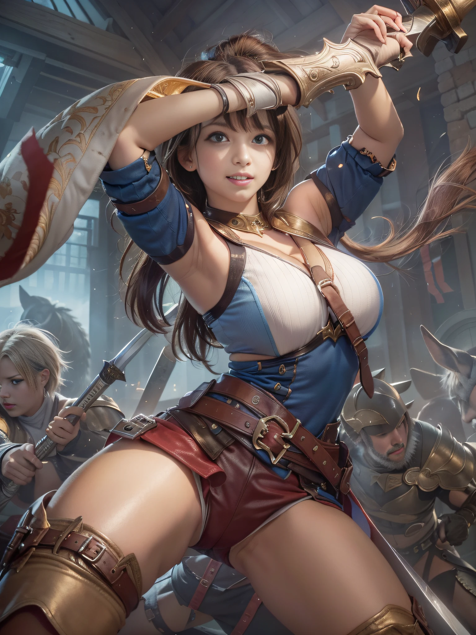​masterpiece、(top-quality:1.32), UHD、( 超A high resolution: 1.3), (CG Unity 8k wallpapers:1.2), (Detailed eyes and skin:1.35), (detailed facial features:1.25), (Detailed eyes:1.36), precise and perfect human body structure, (Textured skin: 1.26), (Photorealistic Raw Photos: 1.27), 
awardwinning photo, depth of fields, Shading by sunlight、
((poneyTail: 1.47)), Brown hair, (Blue eyes: 1.28), thick bangs, Blue Ribbon, 
Show white teeth and smile, cleavage of the breast, large full breasts, Attractive thighs, abdominals, 
((Western armor:1.2)), Spear in hand, Multiple males attacking, Female Warrior Wielding Weapon, combat scene, battle field,