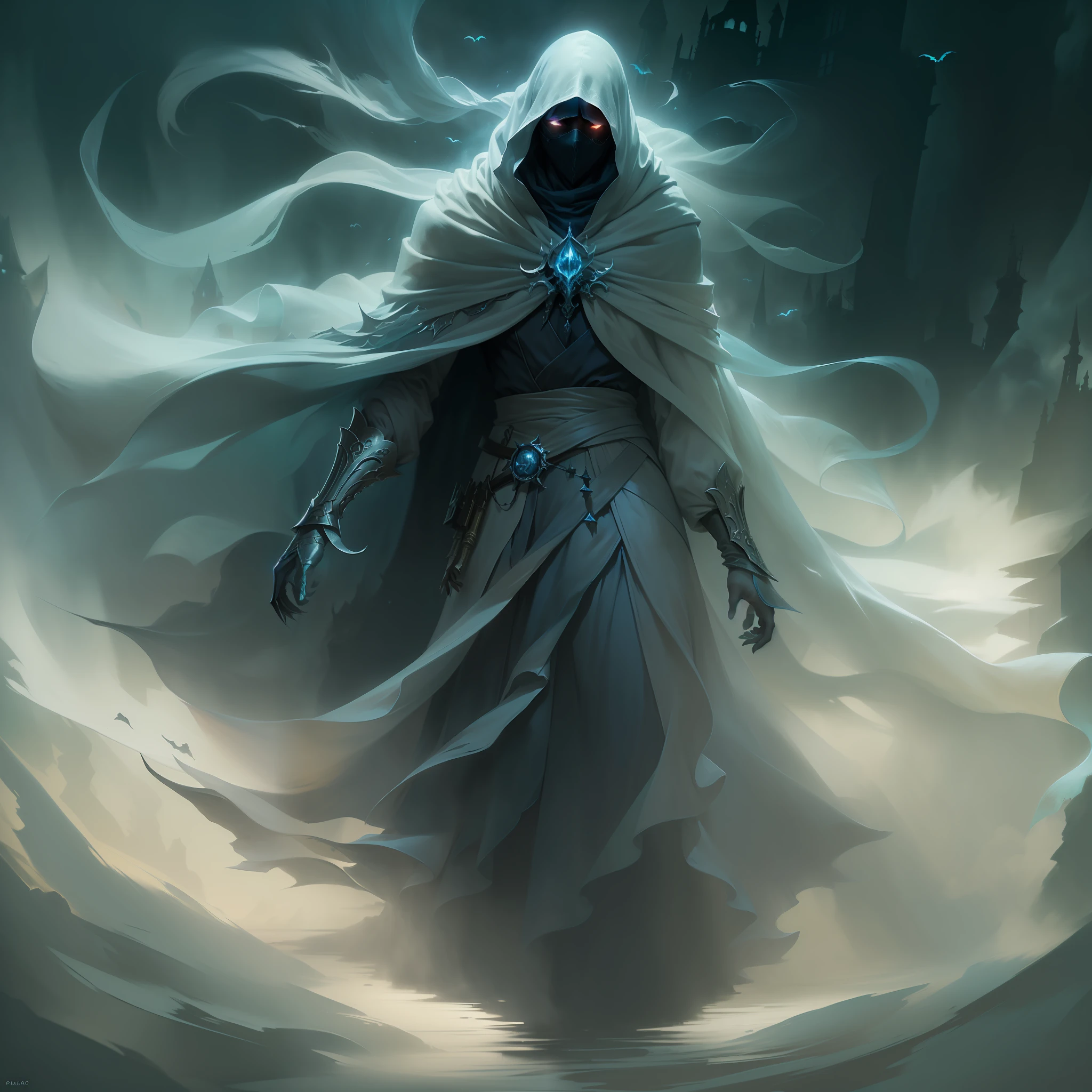 ((Painting style：Fantasy world+fanciful)，(The subject：a ghostly presence,mistic)，(The character：phantom+Ghost Assassins，Fade with the wind) ，(Background with：rays of moonlight+In the middle of the night))，(Octane rendering 1.3)