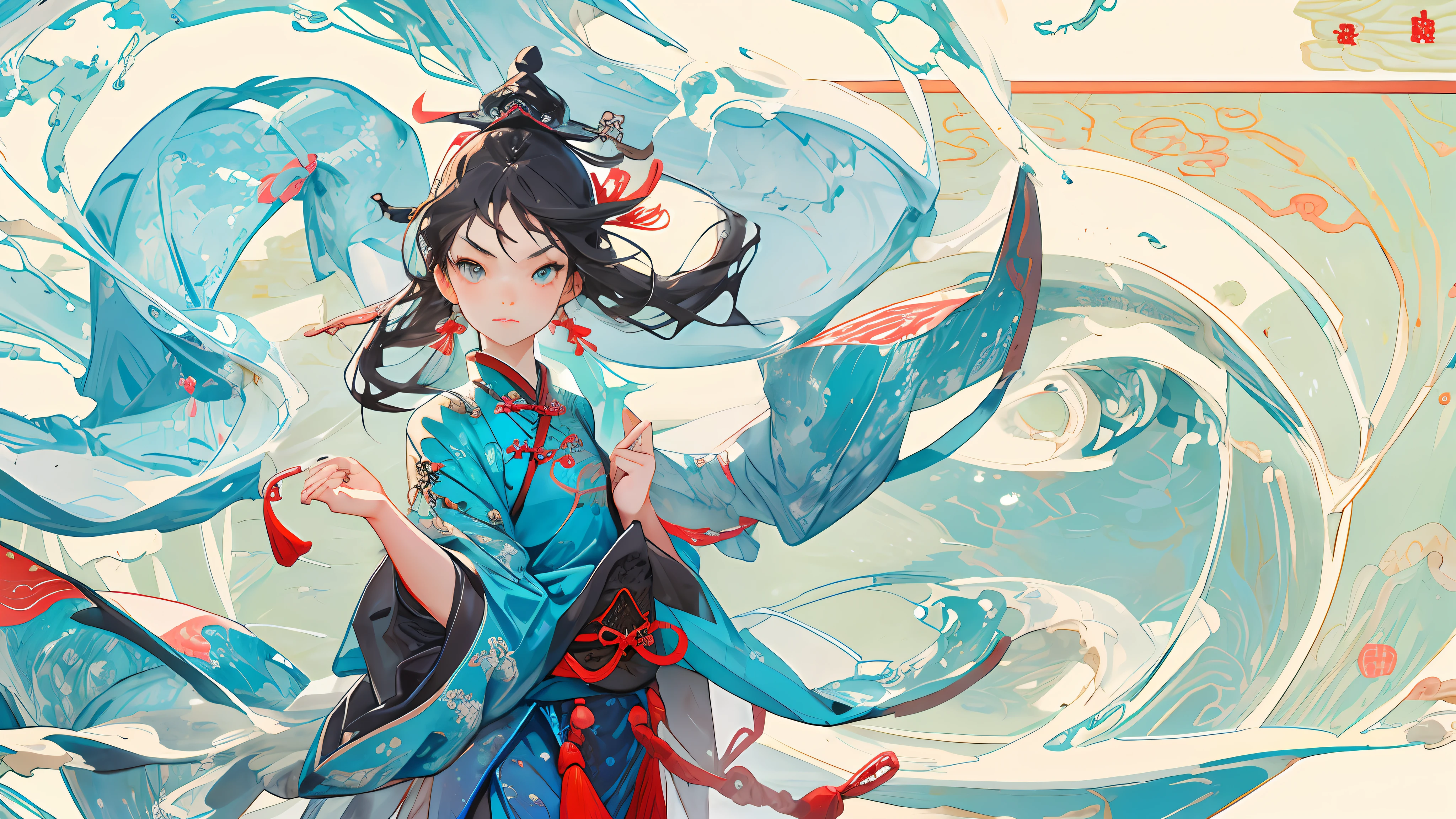 Exquisite facial features，Nice face，best qualtiy，tmasterpiece，ultra - detailed，swell sea，Water，Buble，water flowing，one-girl， Ancient Chinese clothing，National style background， 超高分辨率， 1girll，Hide your hands， adolable，Raised sexy，Exposed flesh，seductiv，Big chest， boobs exposed， ， childish looks， Kawaii face， Detailed skins，， Chinese ancient style， full bodyesbian， Slim，