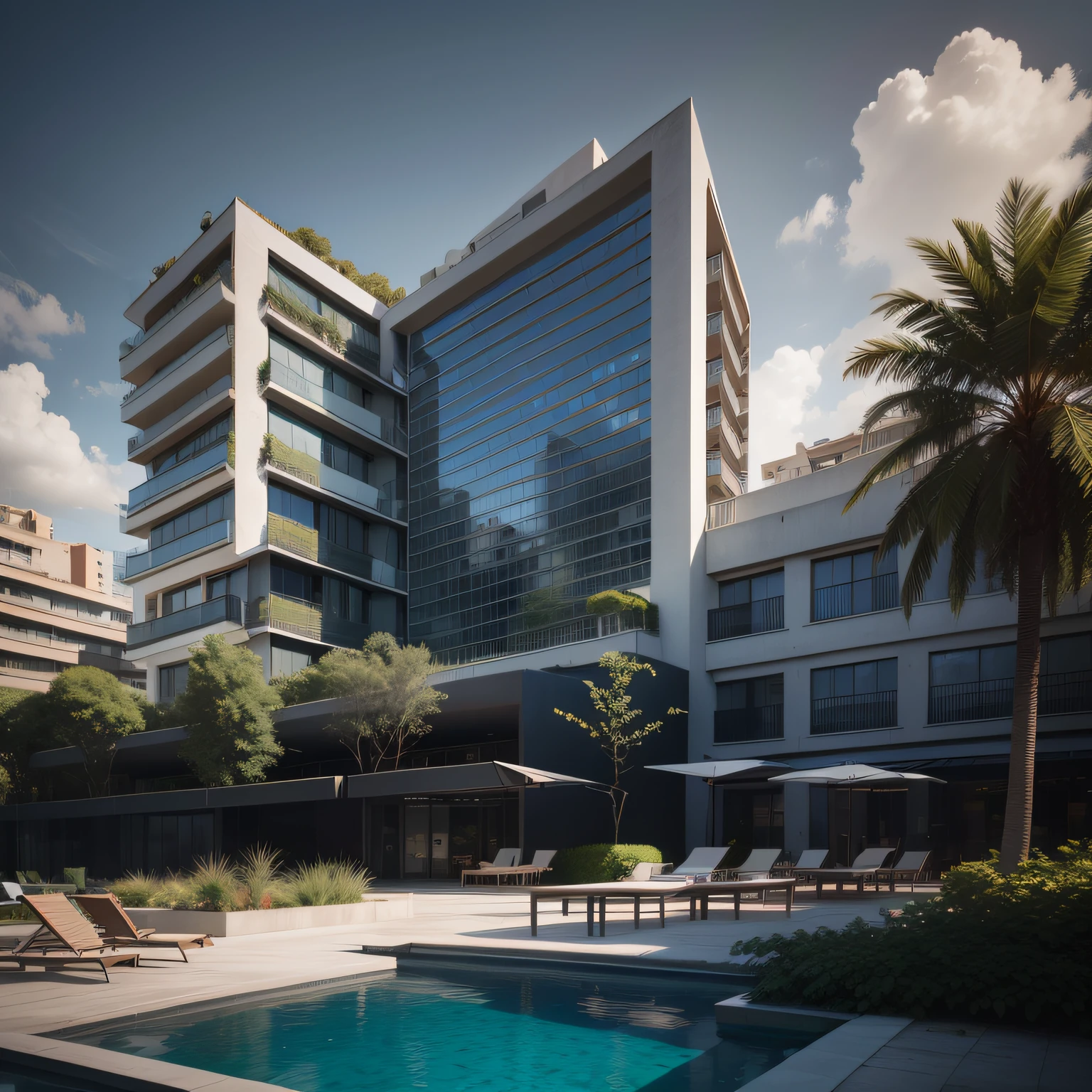 Grande hotel, Arquitetura futurista, building in the background, Architecture of a dark gray concrete building, madeira e  muito vidro nas fachadas, architecture inspired by João Salvador, Building with large lawn with some statues, Monumental luxury building in dark tones, Arquitetura moderna, grande piscina em frente ao hotel com grande desk, sun loungers and parasols, restaurante interior com grandes fachadas em vidro, grandes candeeiros no interior, lots of vegetation around, hotel  com 120 quartos, Arquitetura moderna, organic architecture, Geometria luxuosa, hiper-realista, Fantastic 8K architecture, UHD — AR 16: