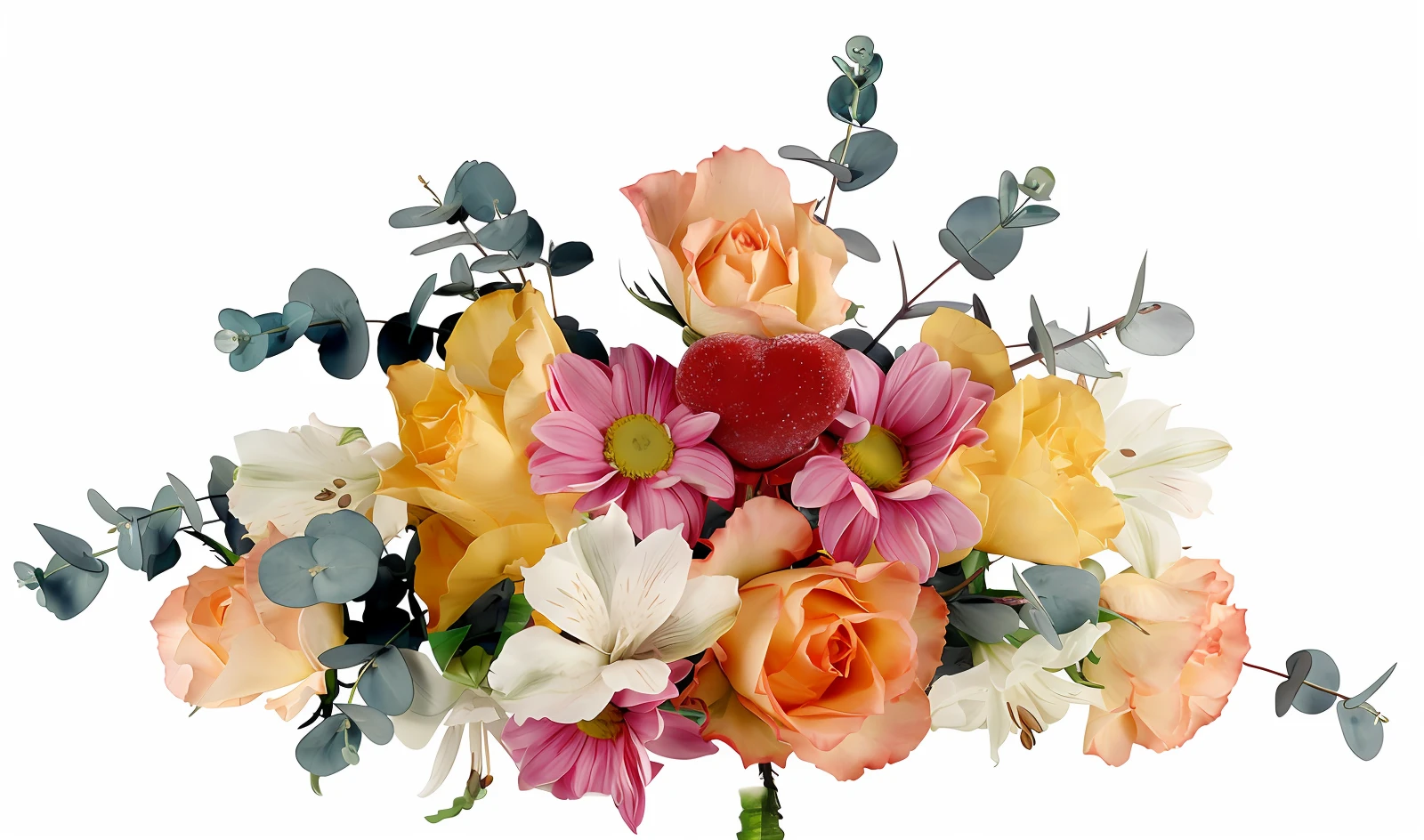 Having a bouquet，There is a heart on it, Bouquet, inspired by François Boquet, flowers in the background, Colorful bouquets, floral motives, translucent roses ornate, detailed flowers, Inspired by Jan Henryk Rosen, floral explosion, smeared flowers, floral couture, digital collage, Full of flowers, made of flowers and fruit, made of flowers