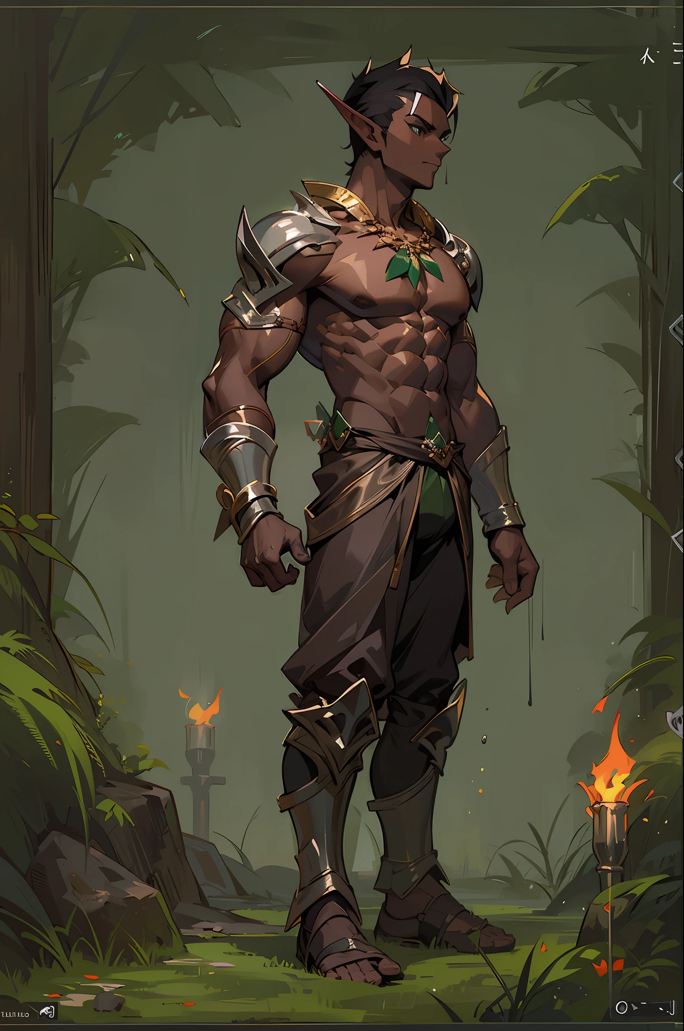 (tmasterpiece,top Quority,best qualtiy),pix,pixelart,the elf,full bodyesbian,(Dark skin),chest muscle,Abs,(Handsome male),archer,hunters,ln the forest