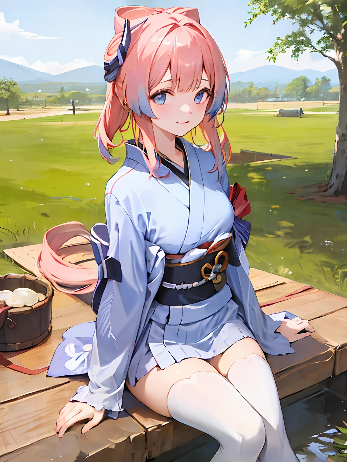 ​masterpiece、Hi-Res、teens girl、Kimono、blue eyess、Sitting、