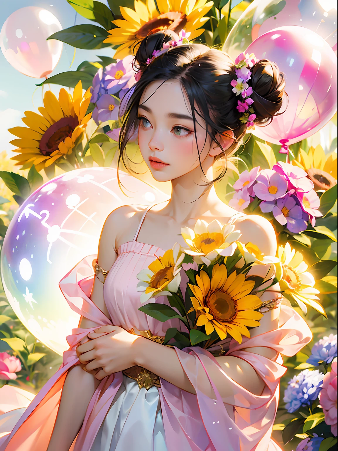 cute girly,pinkdress,Ethereal and dreamy style,Rendered in cinema4D,made of crystals,Balloon forest theme,fantasticcolors,detailed designs,Soft-focus portrait,dream magical,dream-state,flatchest,sweet,Bow knot,black hair, longeyelashes, solid circle eyes, fang, double bun, hair bow, crescent hair ornament, Surrealism, atmospheric perspective, depth of field, cinematic lighting, super detail, ccurate, best quality, masterpiece, ccurate, anatomically correct, textured skin, high details, high quality,Surrounded by flowers