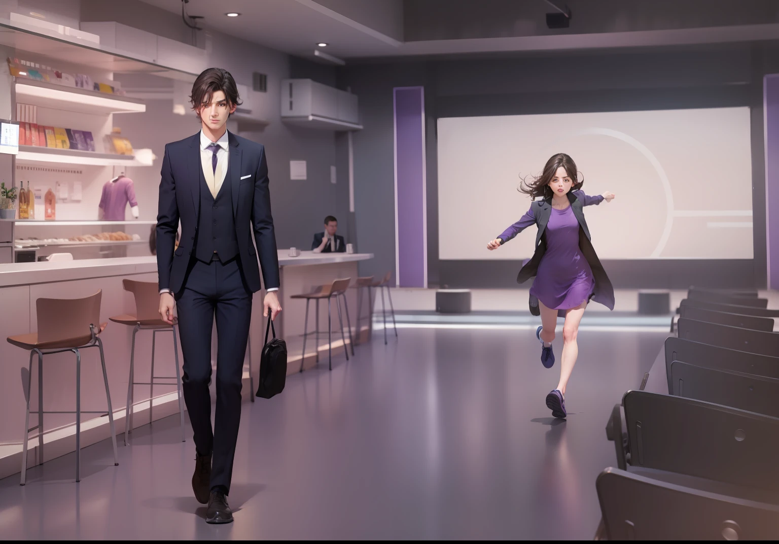 suit male，Purple dress running girl