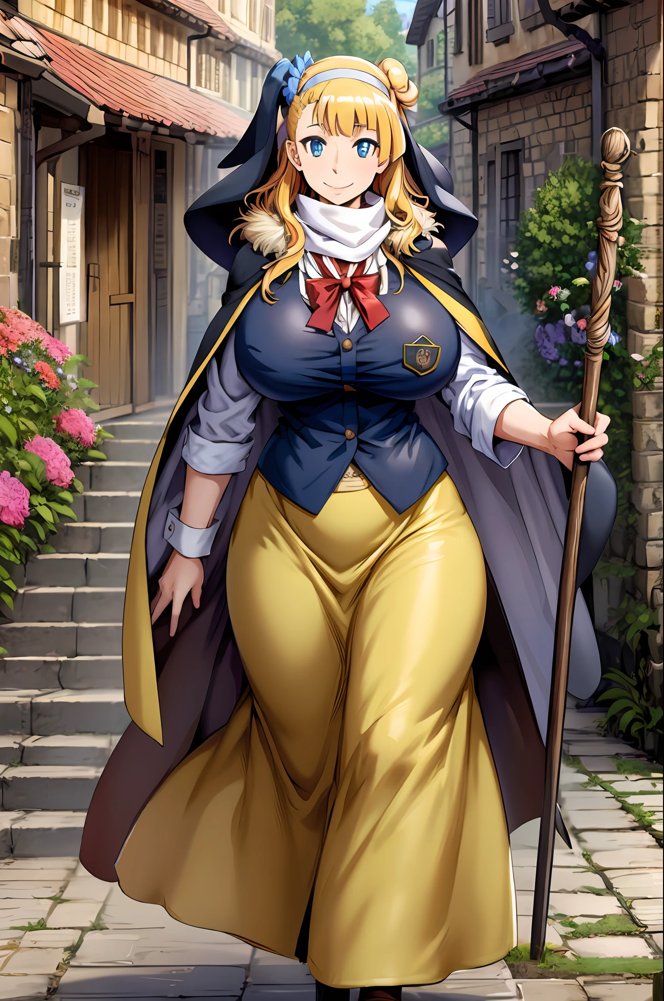 masterpiece, best quality,,gigantic breasts,smile,galko huge breast, mature, long skirt, modes, traditional french cloths, priestess, , walking, medieval village, flowers, fantasy village, staff holding, nun, vest, fur coat,scarf, cape, forest