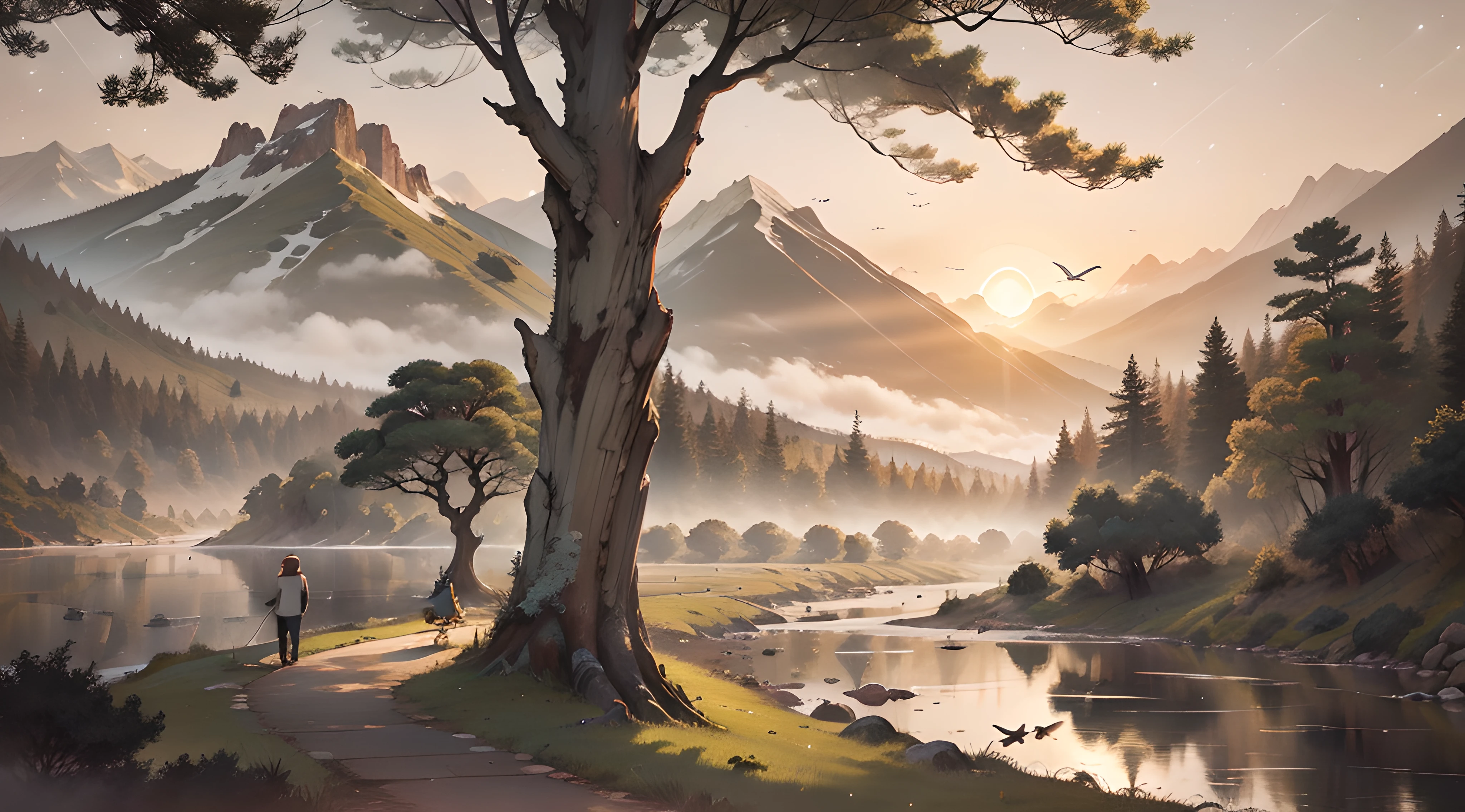 From the misty morning dawn,To the smoky dusk。Sparse starlight outside the window,Hanging on plane trees,Shine brightly。A few tired birds return to their nests,An old man fishing on the riverbank,Also returned on the mountain trail。 All things natural,Each has its own unusual beauty